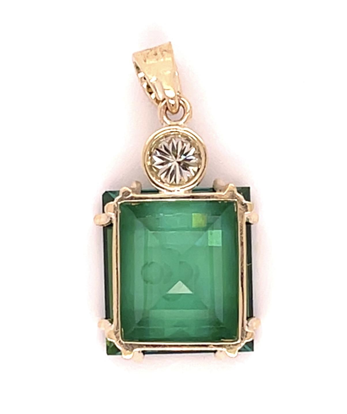 10.78ct Green Tourmaline .42ct Diamond 14KY Pendant 4.27g
