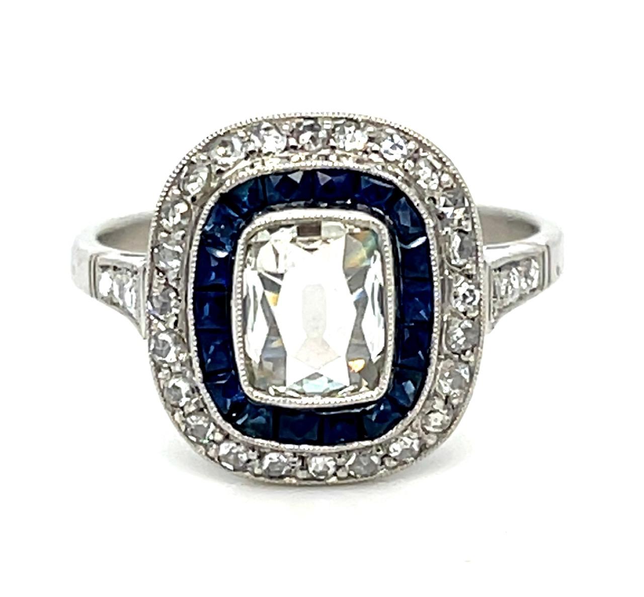 .70ct Rose Cut Center Diamond .91ct Sapphire .33ct SD Platinum Handmade Ring