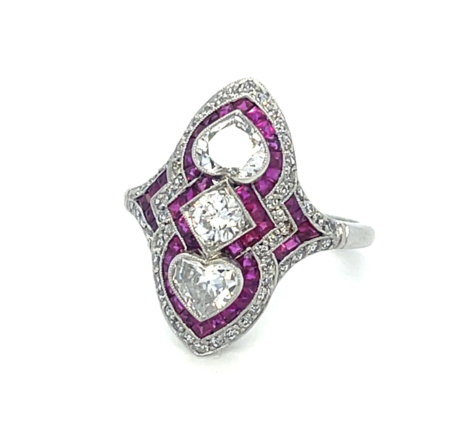 .94ct Heart and Round Diamonds 1.42ct Ruby Platinum Handmade Ring .74ct SD 5.30g