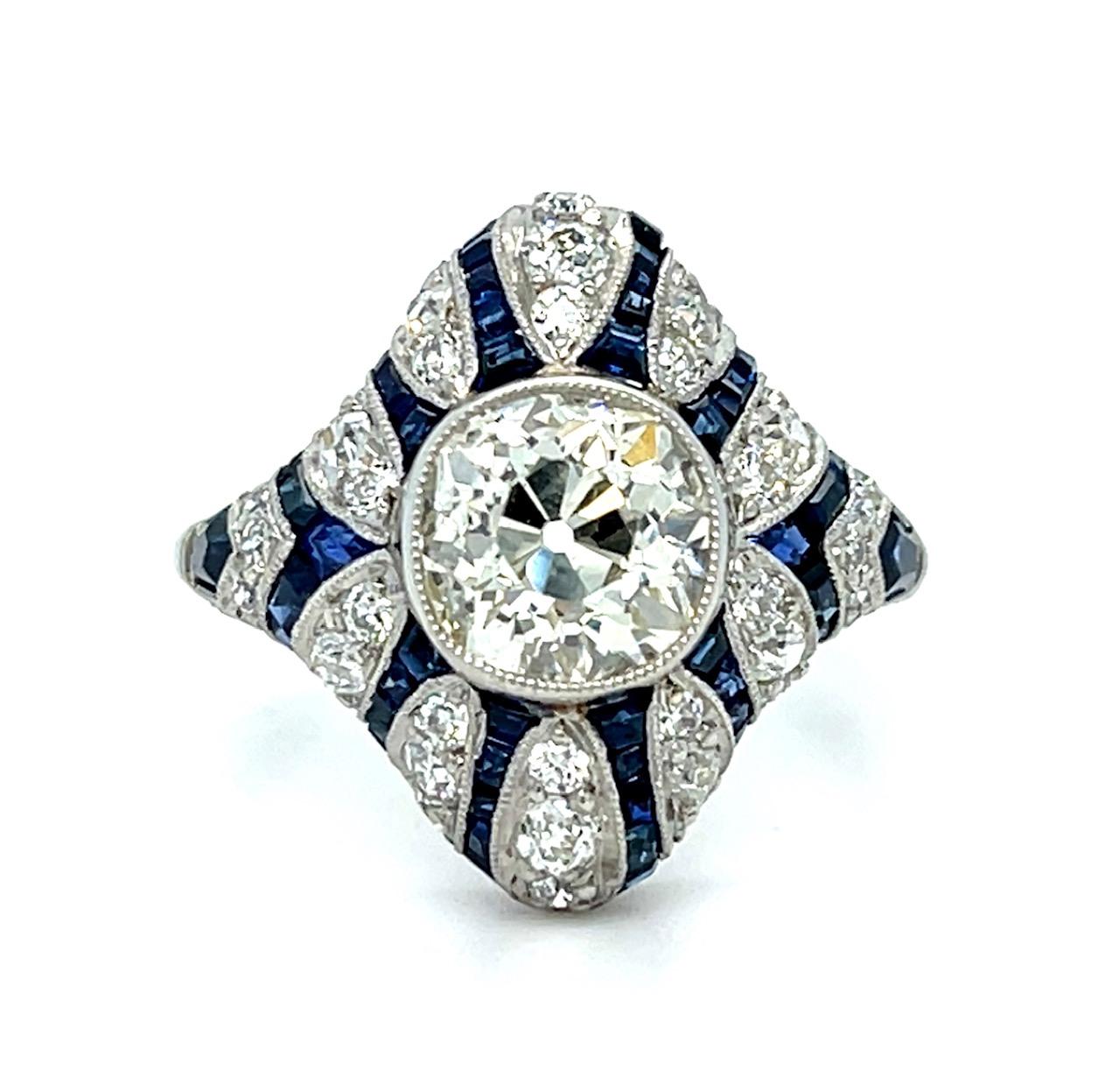 1.86ct Old Mine Diamond 1.80ct Sapphire Platinum Handmade Ring 1.10ct SD 5.26g