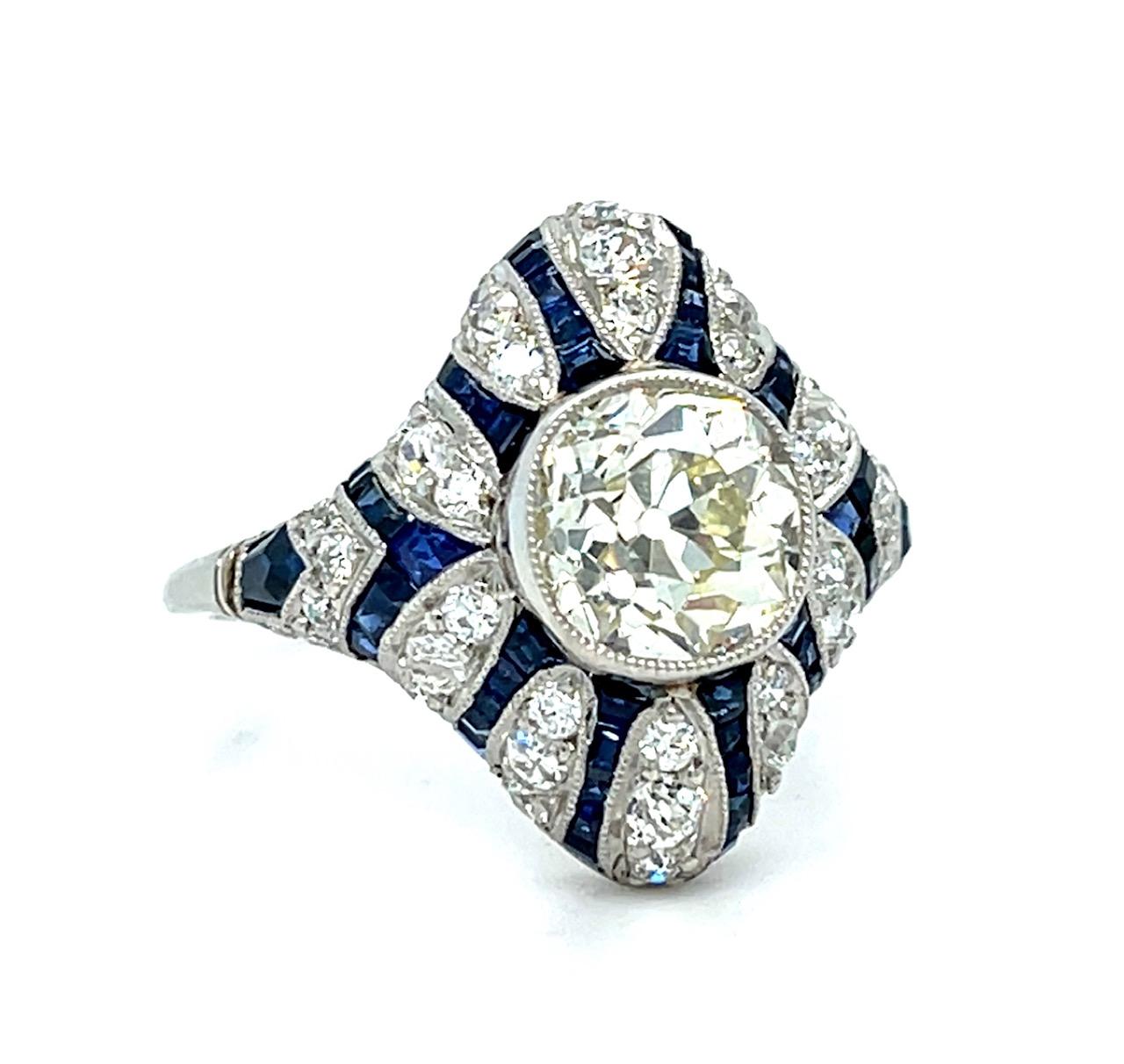 1.86ct Old Mine Diamond 1.80ct Sapphire Platinum Handmade Ring 1.10ct SD 5.26g