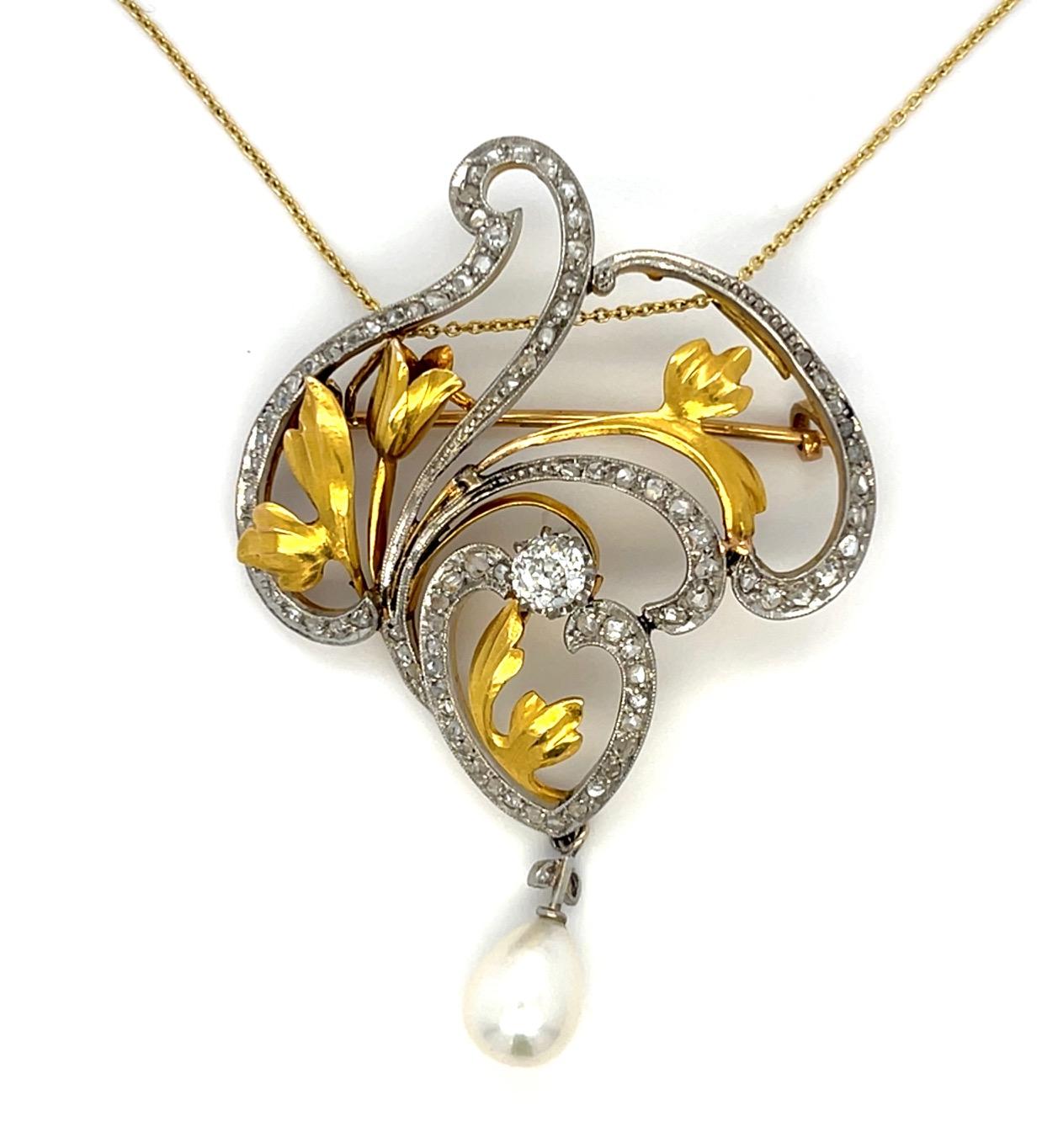 Art Nouveau 1.50ct Diamond Rose-cut PT/18K Antique Pendant/brooch (c:1910)