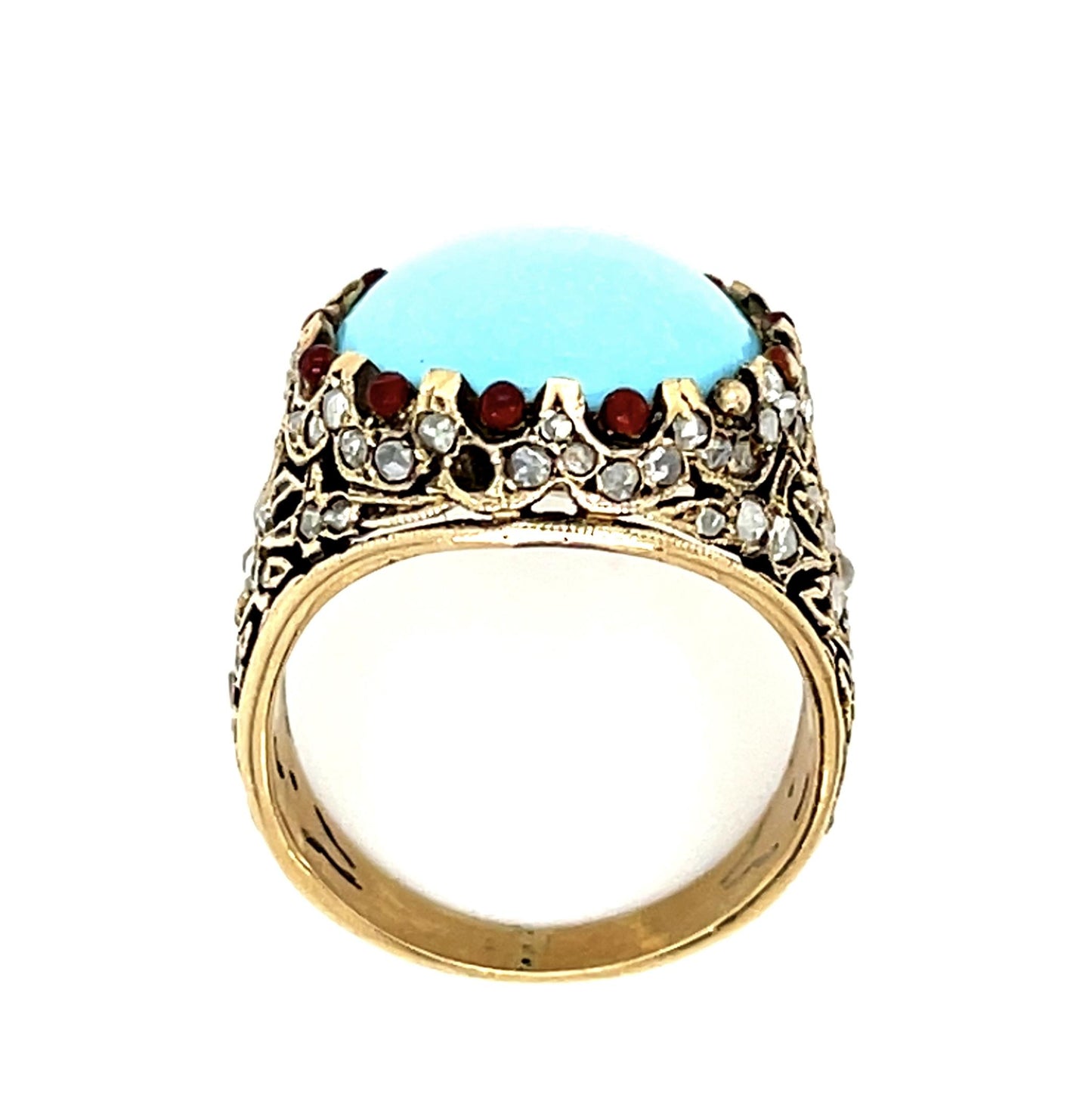 1ct Rose Cut Diamond Turquoise Yellow Gold Estate Ring