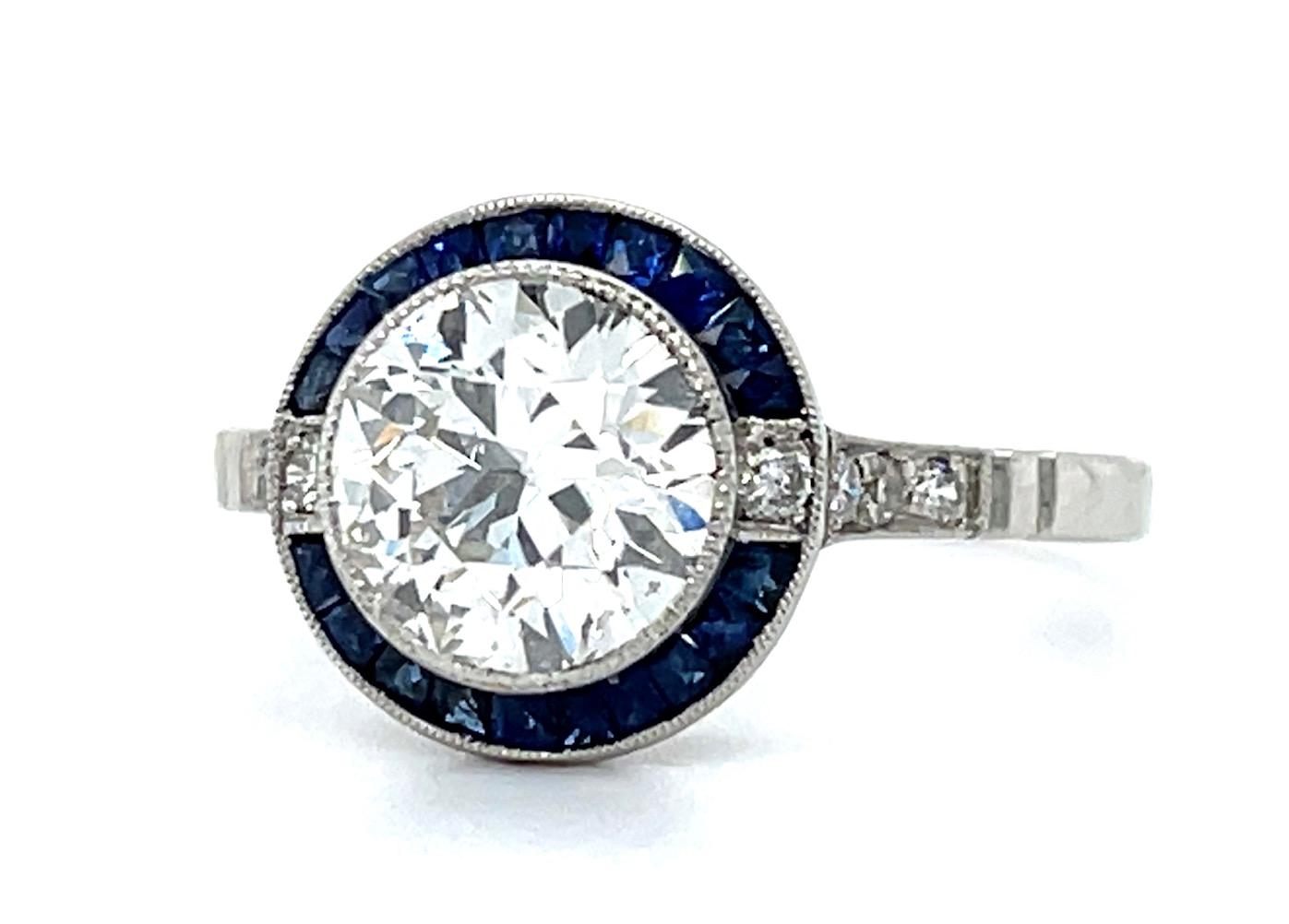 1.80ct J SI2 Old European Diamond .80ct Sapphire Platinum Ring 4g 7 Size GIA