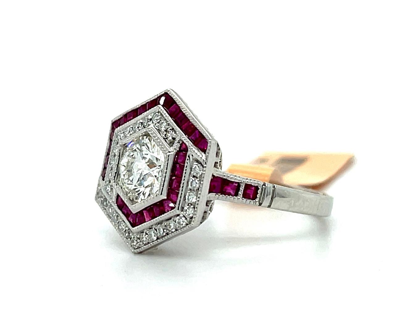 .80ct Center Diamond Platinum Ring .60ct Ruby .14ct Dia 6 Size 5.80g