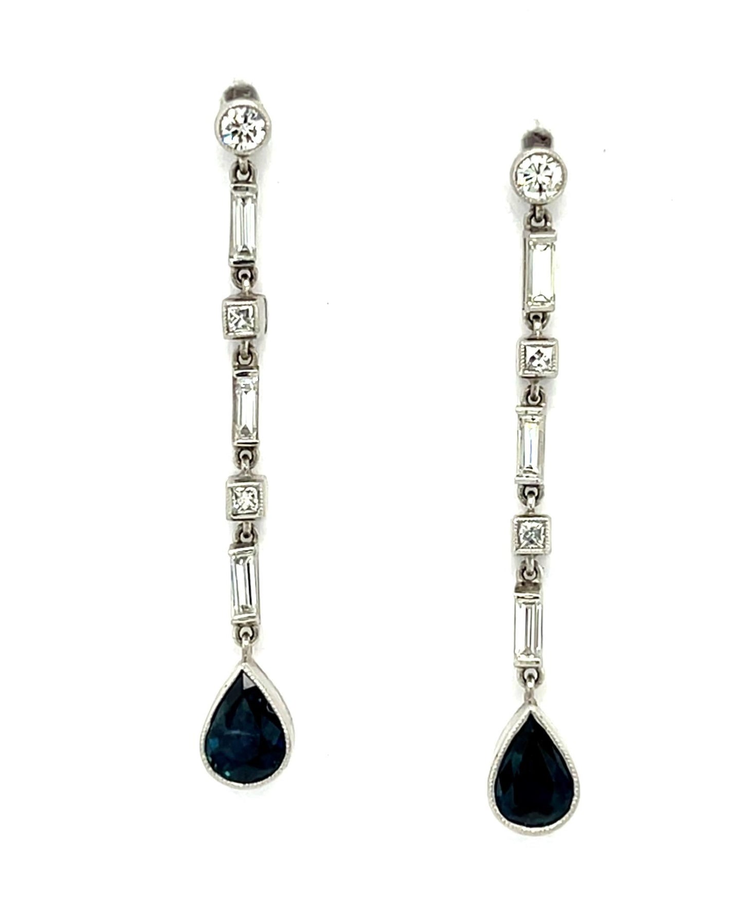 1.70ct Sapphire 1ct Diamond Platinum Handmade Drop Earrings 4.60g 1.50"