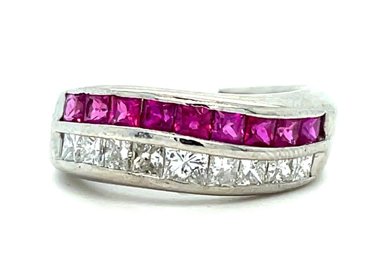 .87ct Princess Diamond 1.13ct Ruby Platinum Band 7 Size 9.10g