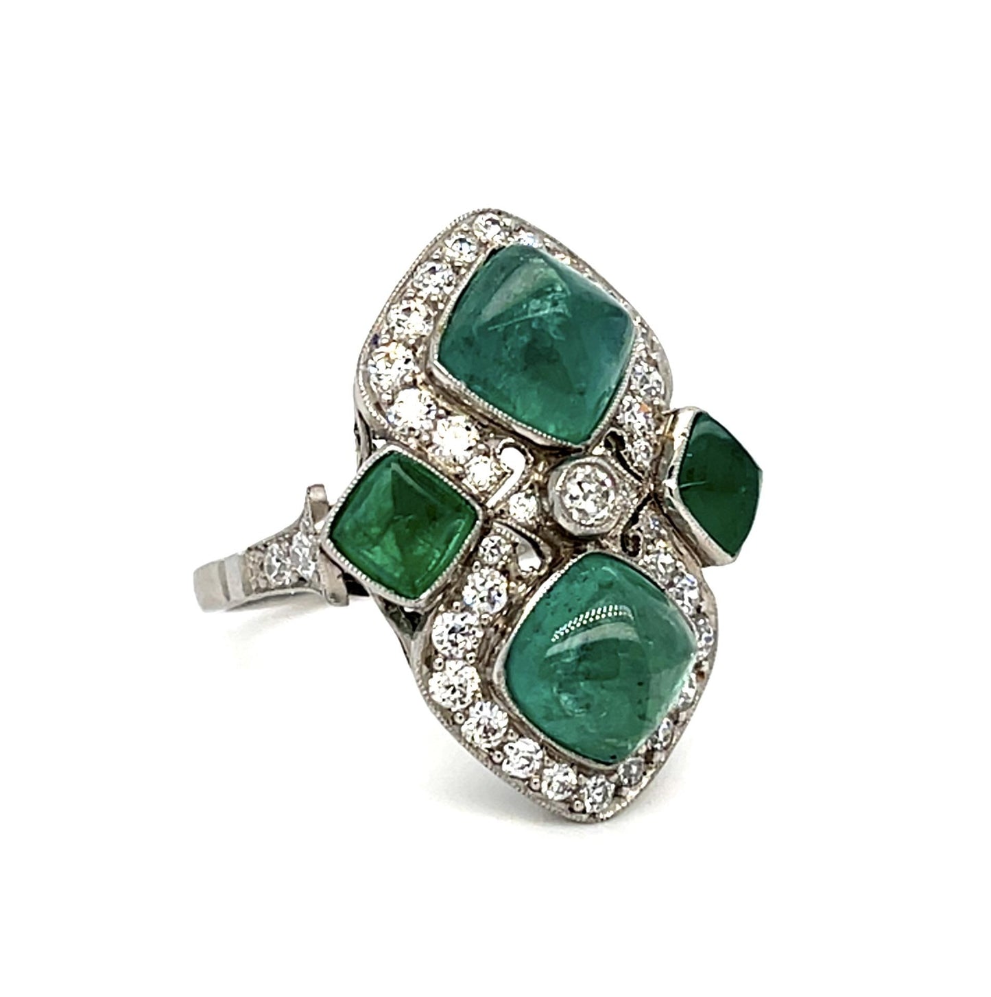 7.80ct Sugarloaf Cabochon Emeralds .91ct Diamonds Platinum Handmade Ring 7 Size