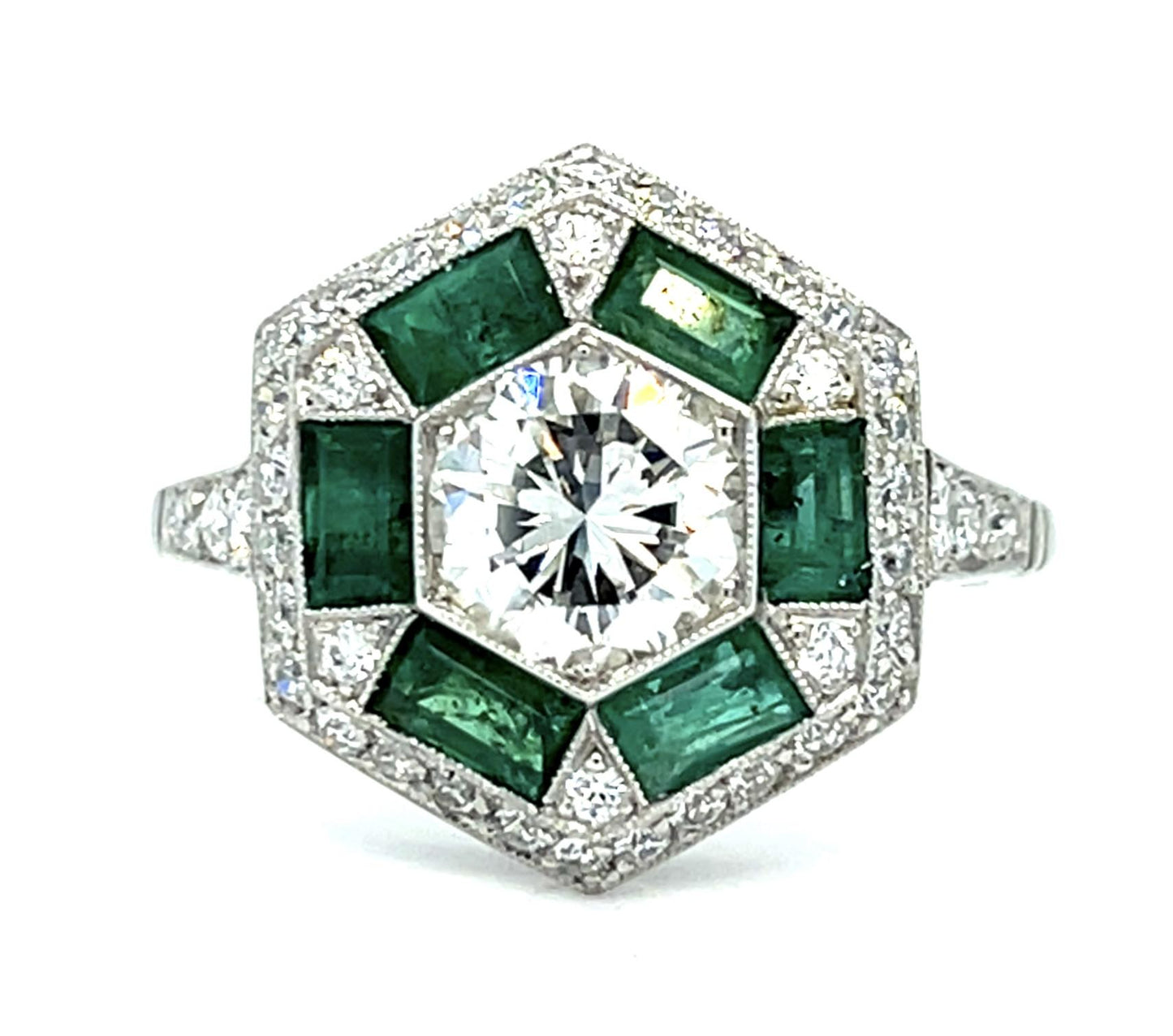 1.10ct Round Brilliant Diamond 1.20ct Emerald Platinum Handmade Ring .83ct SD 5.