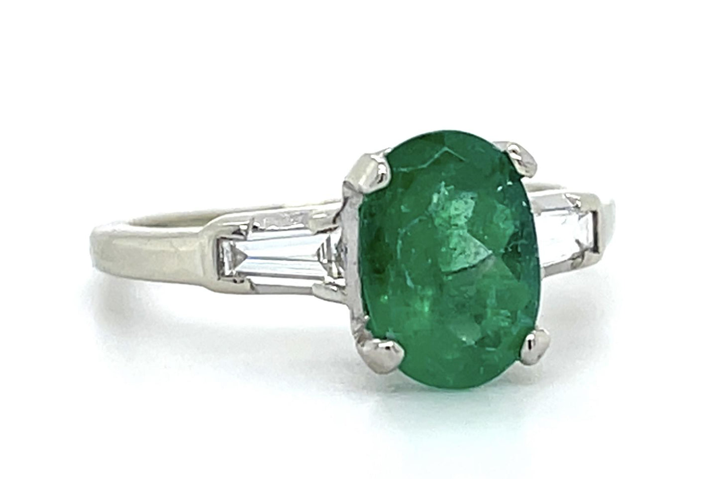 1.64ct Emerald .30ct Tapered Baguette 14KW Ring 3g 7 Size