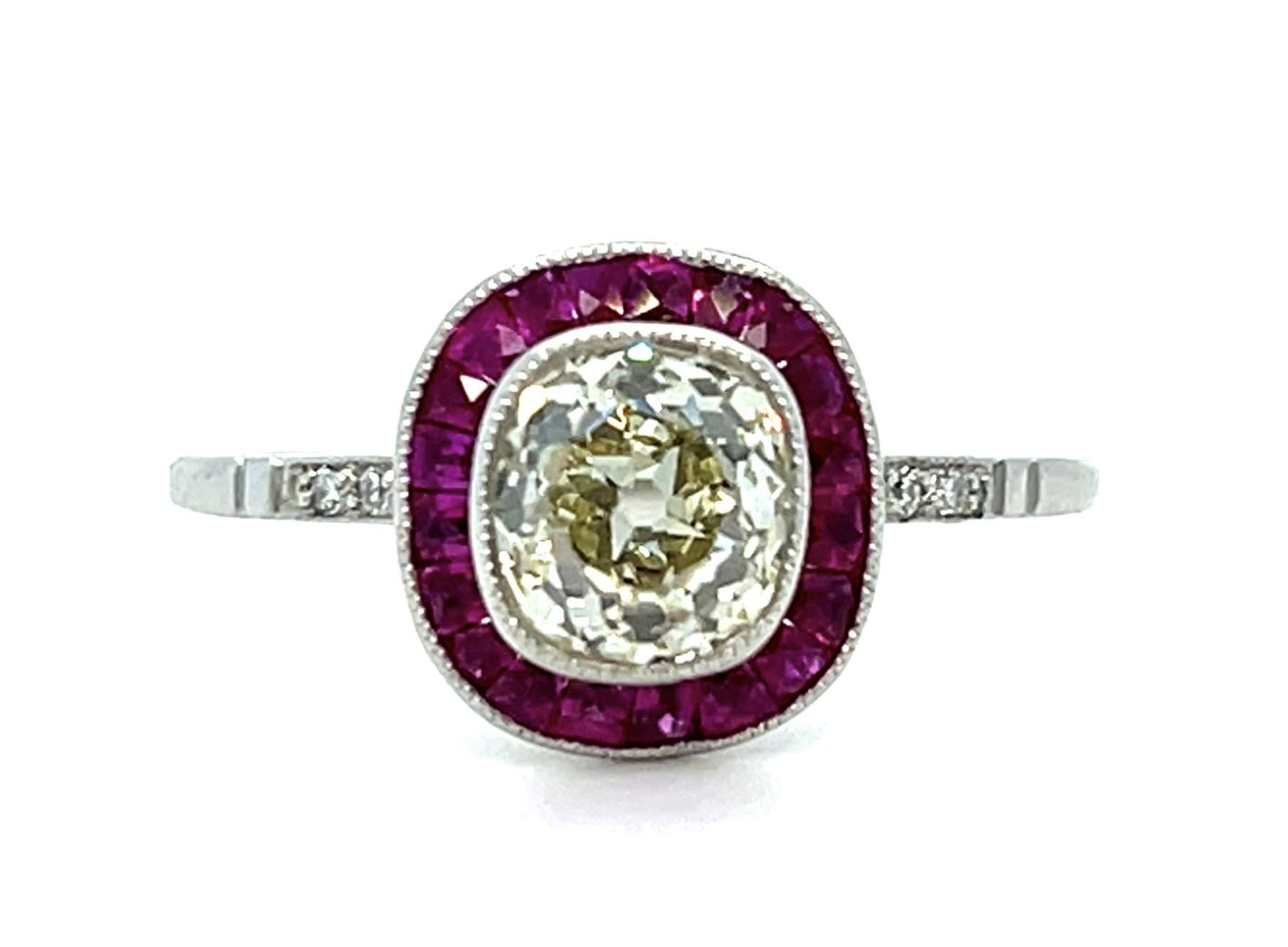 1.2ct Old Mine Diamond .68ct Ruby Platinum Handmade Ring 2.60g 7.25 Size