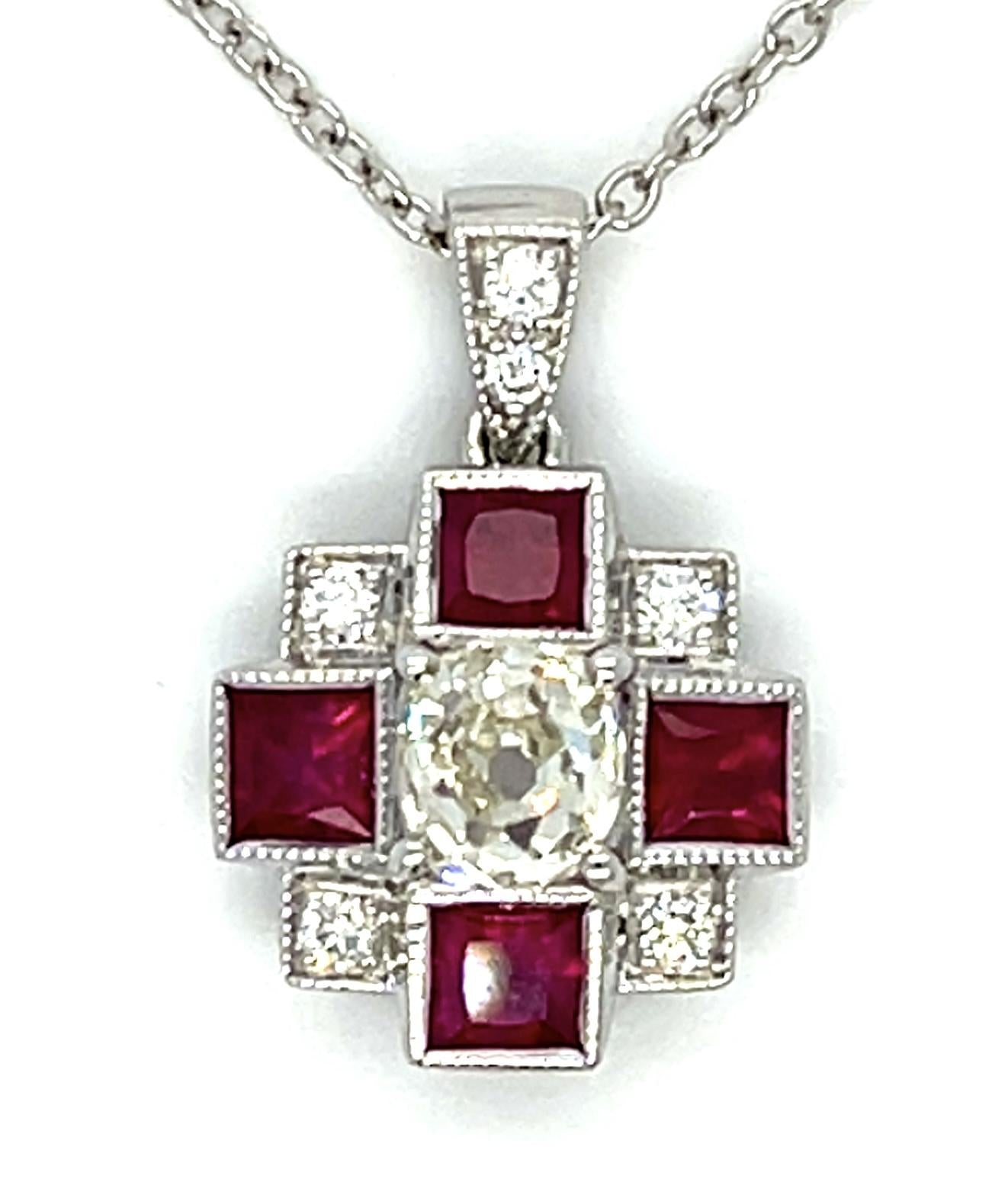 .77ct Old Mine Cut Dia .96ct Ruby 18KYW Pendant .11ct Diamond 4.30g 14KY Chain