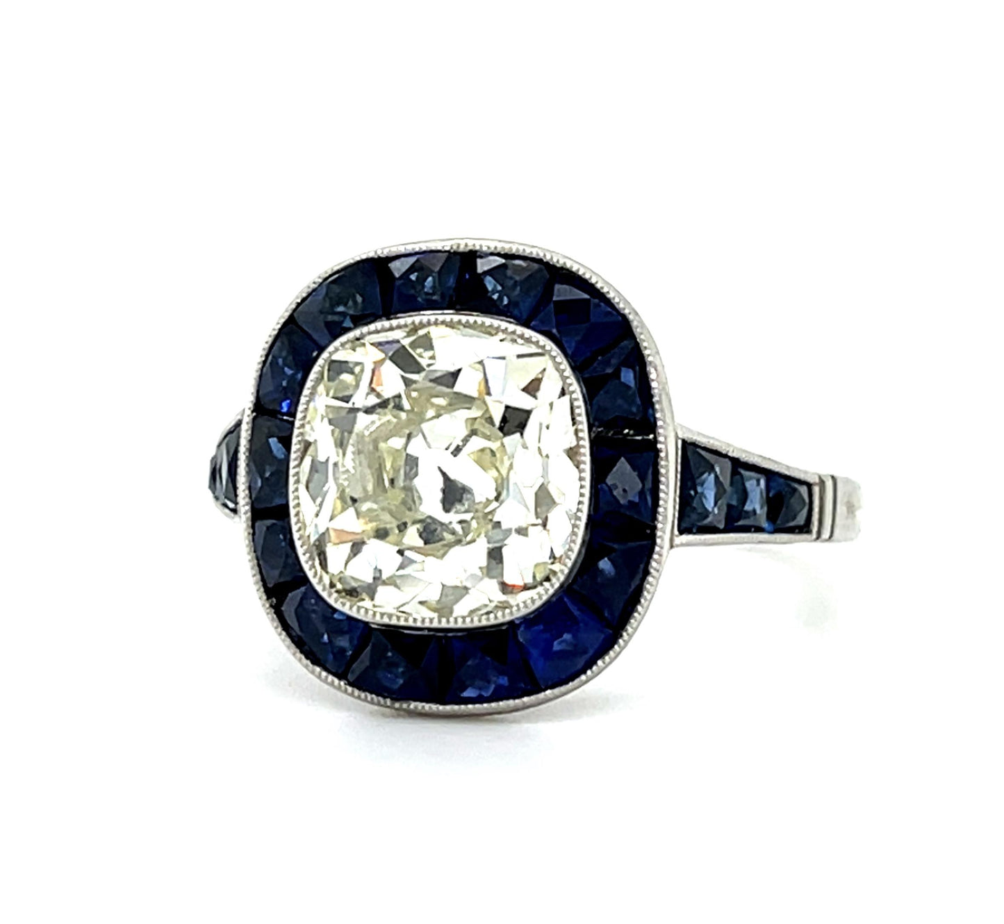3.01ct K SI3 EGL Old European Cut Diamond 2.30ct Sapphire Platinum Handmade Ring