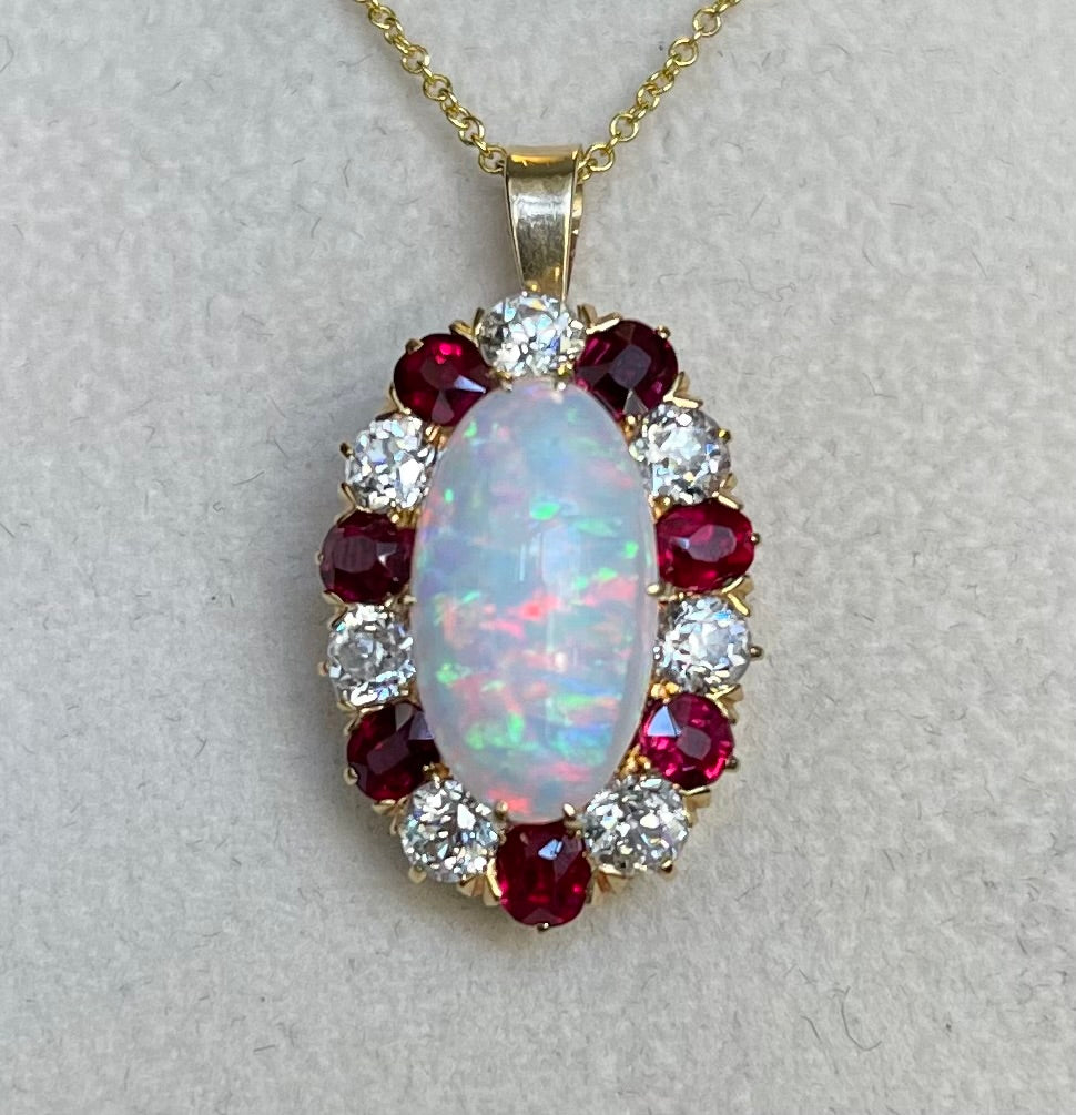 Tiffany & Co. Early 1900s Fire Australian Opal 3ct and Burma Ruby Pendant