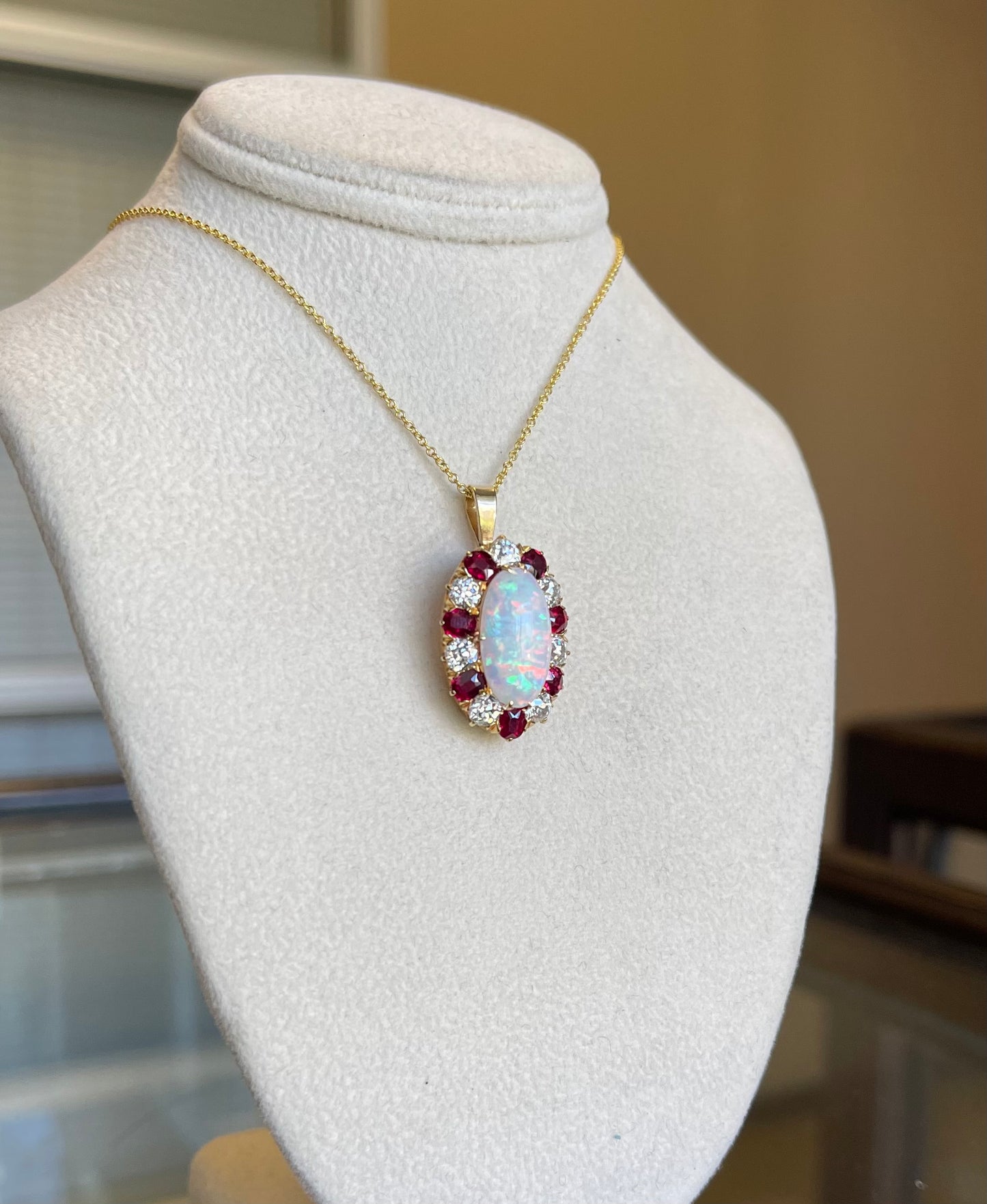 Tiffany & Co. Early 1900s Fire Australian Opal 3ct and Burma Ruby Pendant
