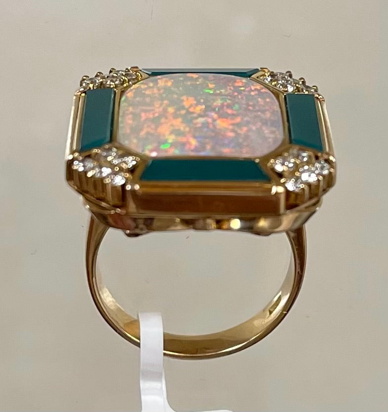Fire Australian Opal 5.37ct and Malachite Ring