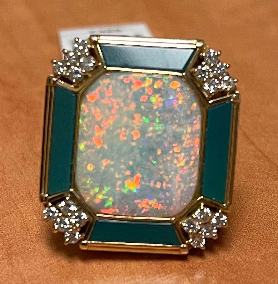 Fire Australian Opal 5.37ct and Malachite Ring