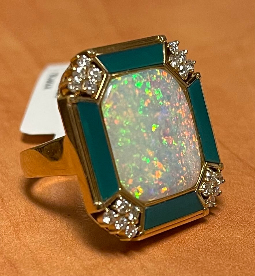 Fire Australian Opal 5.37ct and Malachite Ring