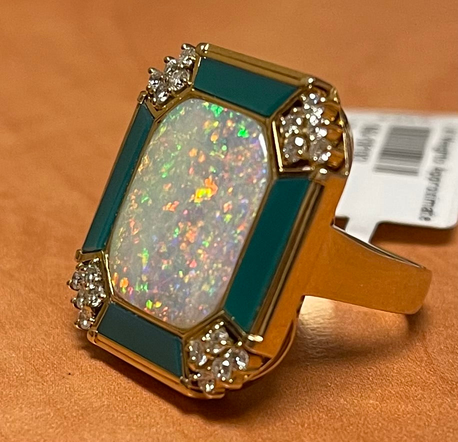 Fire Australian Opal 5.37ct and Malachite Ring