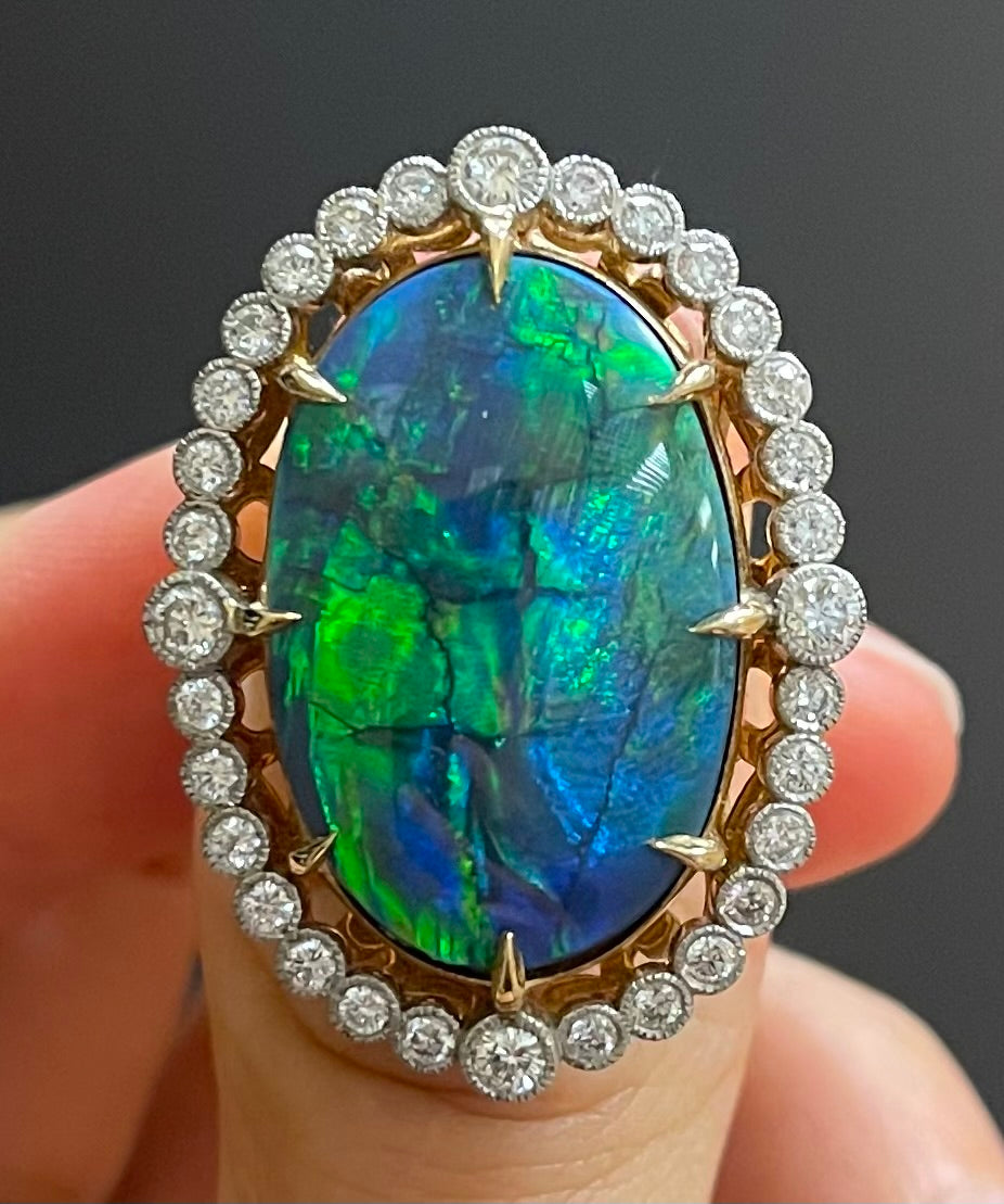 Australian Black Opal 18.41ct and Diamond Ring