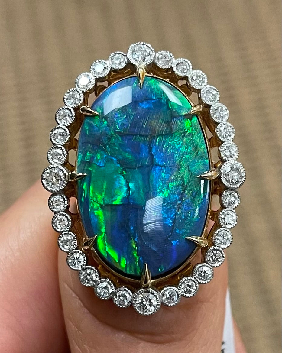 Australian Black Opal 18.41ct and Diamond Ring