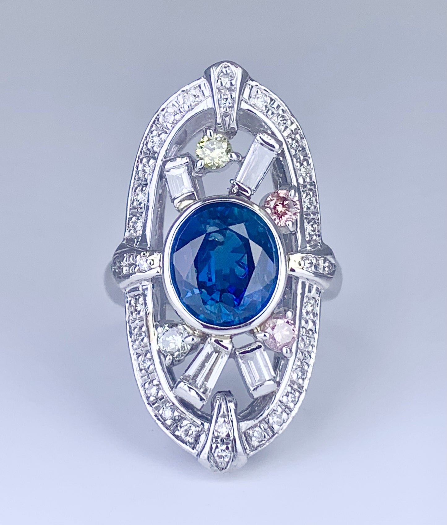 Platinum Sapphire 3.35ct and Multicolor Diamond Ring