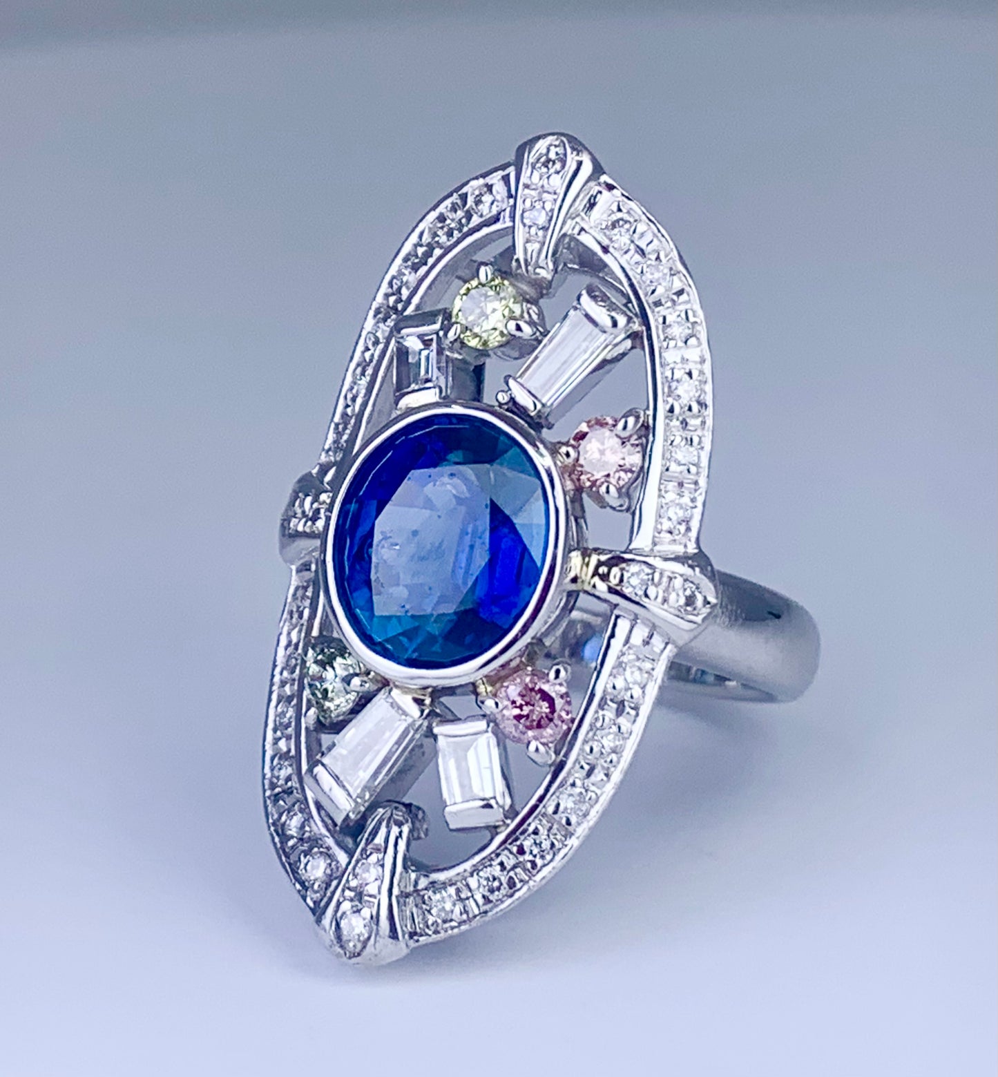 Platinum Sapphire 3.35ct and Multicolor Diamond Ring