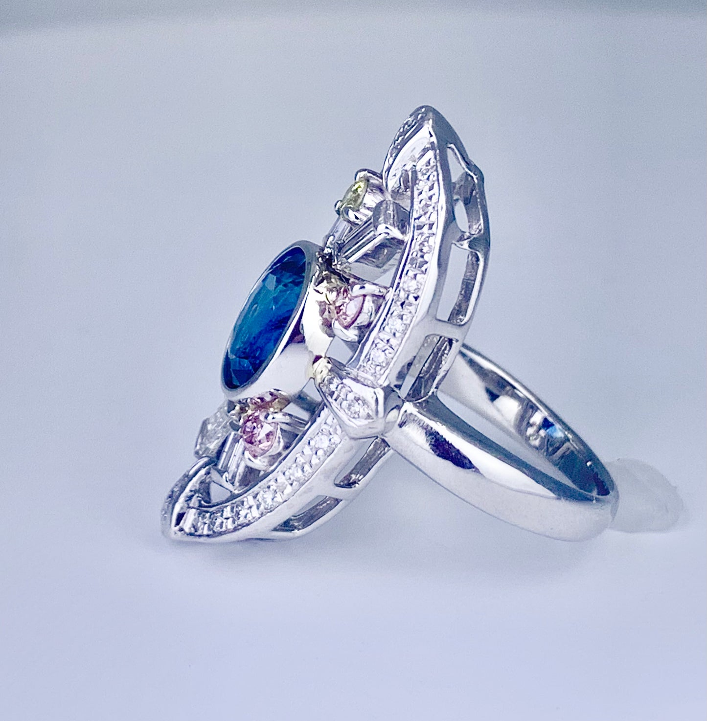 Platinum Sapphire 3.35ct and Multicolor Diamond Ring