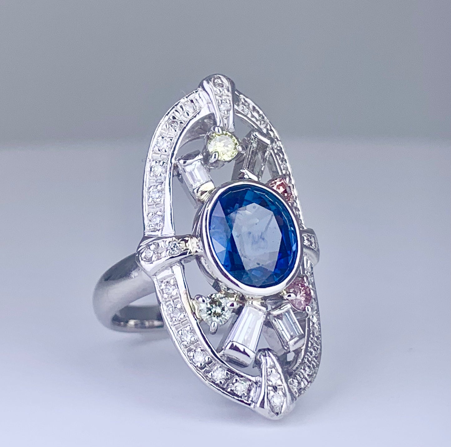 Platinum Sapphire 3.35ct and Multicolor Diamond Ring