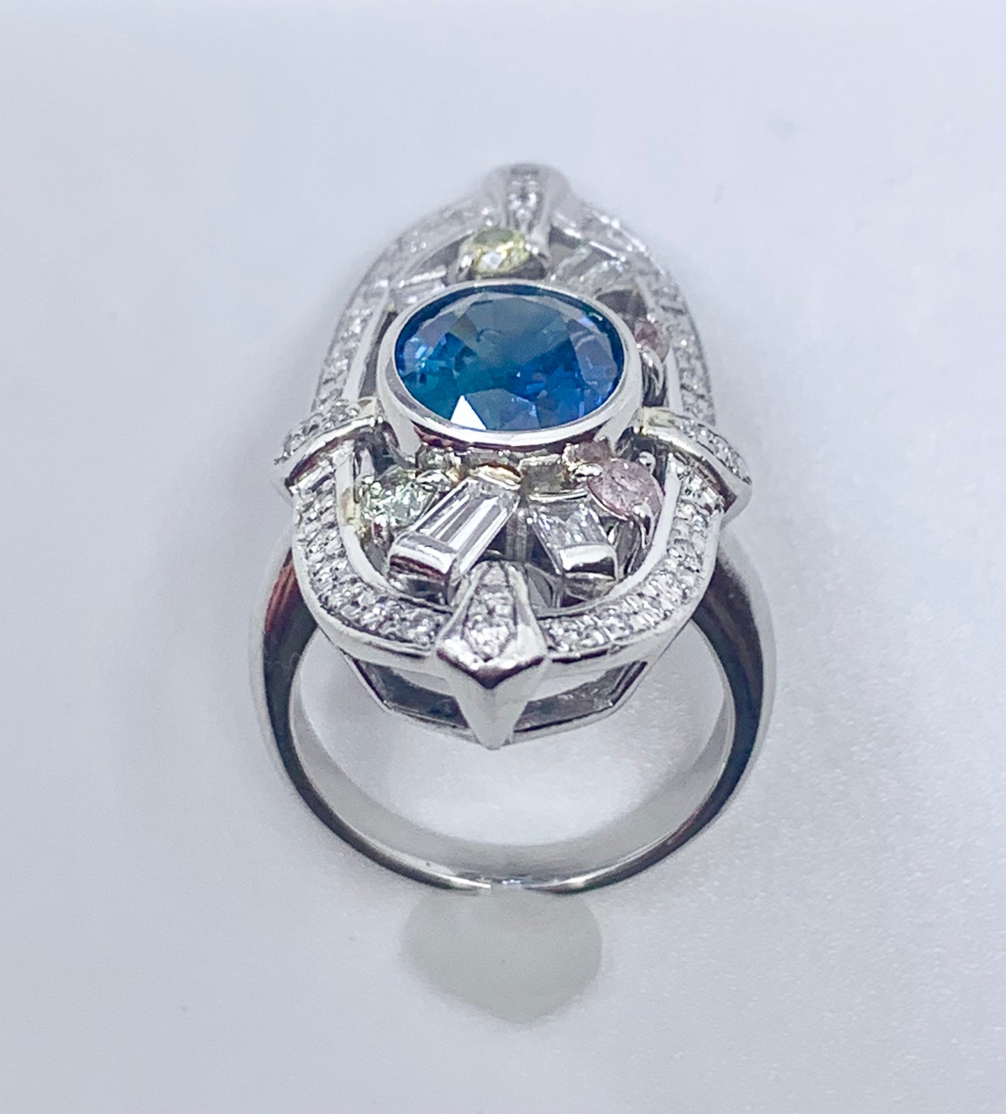 Platinum Sapphire 3.35ct and Multicolor Diamond Ring