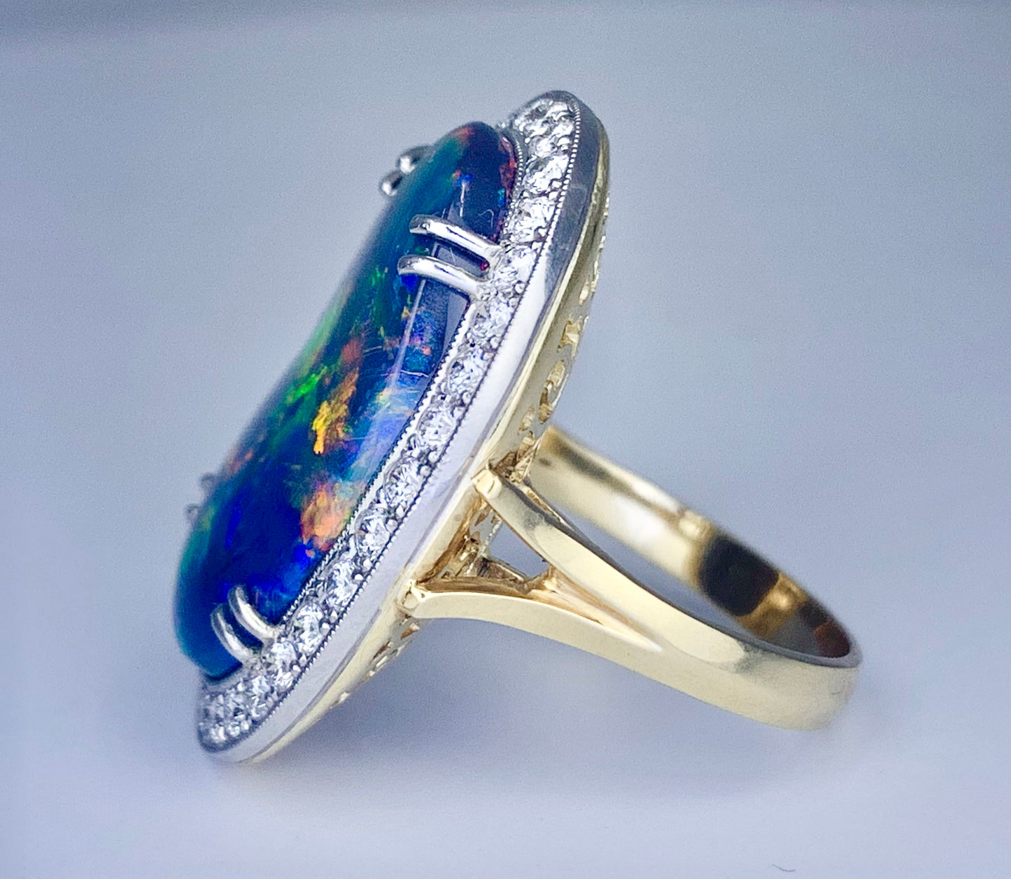 Black Australian Opal 10.68ct and Diamond Ring
