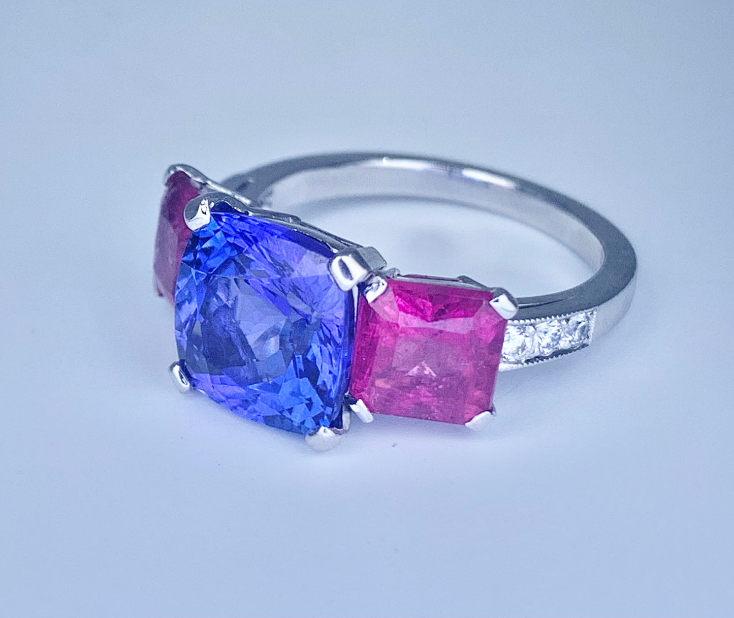 Platinum Tanzanite 4.02ct and Paraiba Tourmaline Ring
