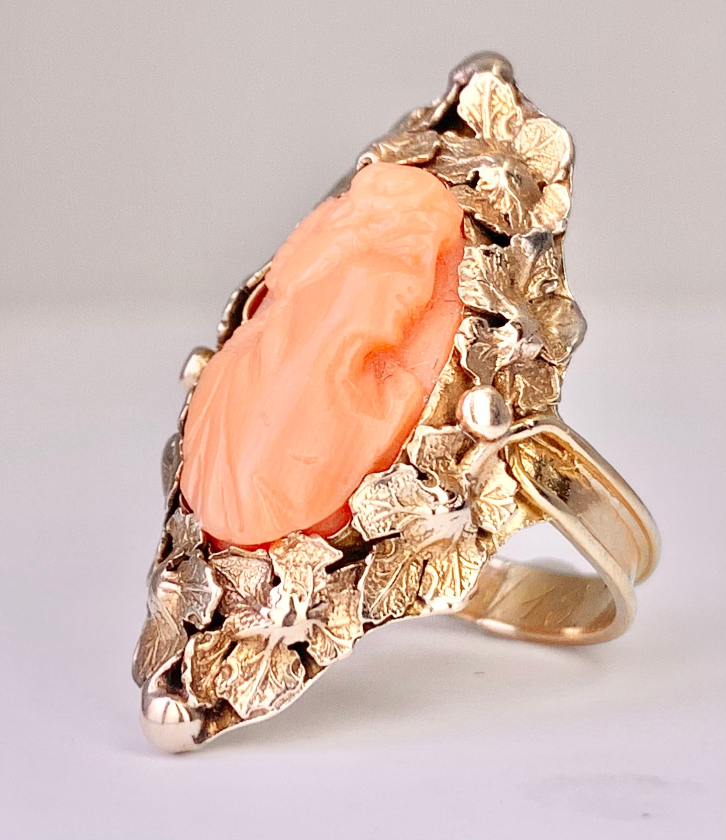 Arts & Crafts Carved Coral Cameo Ring