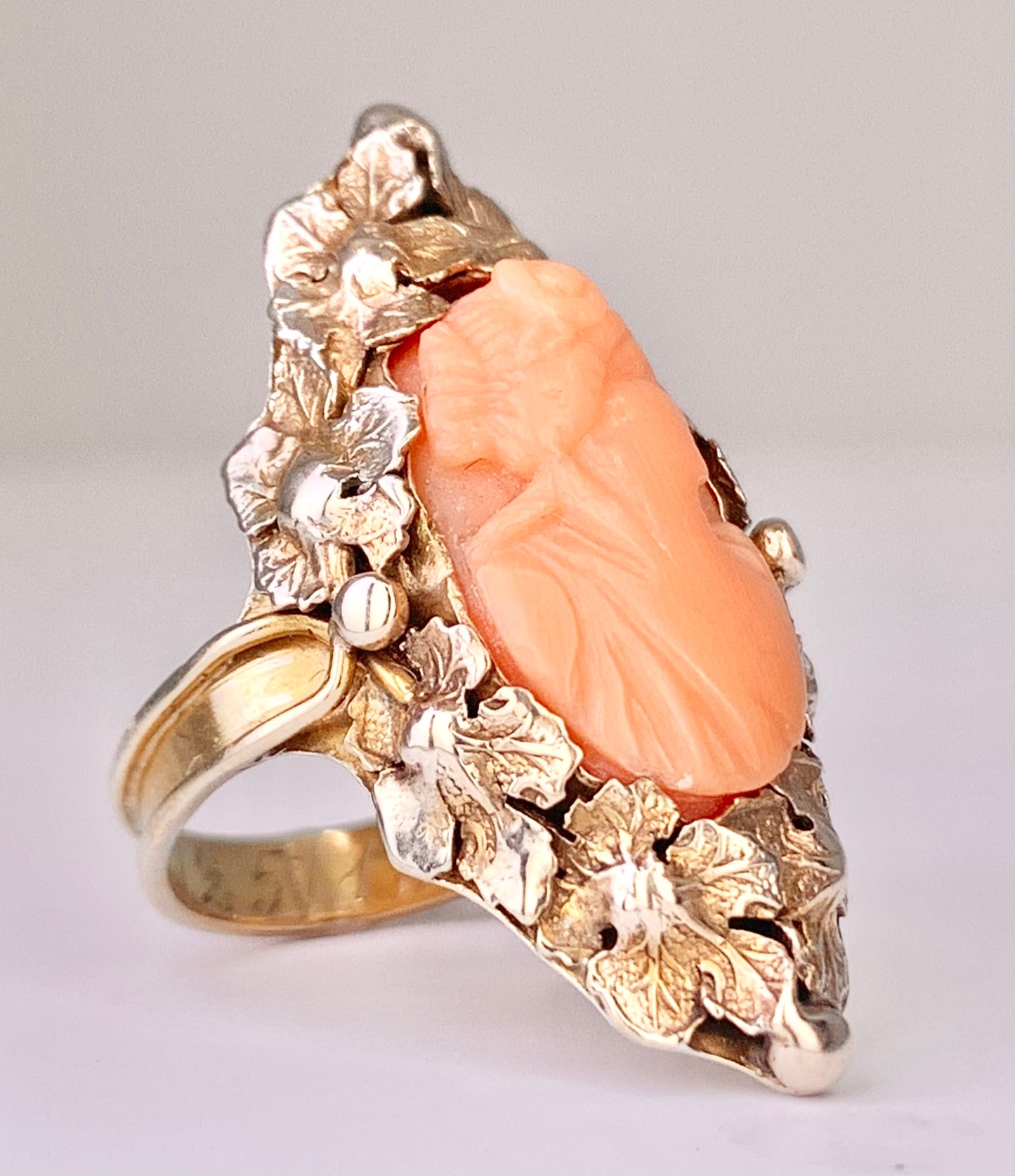 Arts & Crafts Carved Coral Cameo Ring