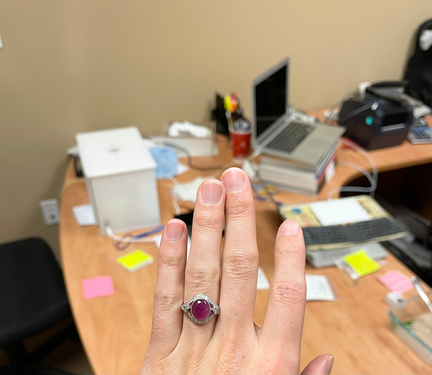 6.50ct Cabochon Ruby .88ct Old European Cut Diamonds .50ct Side Cabochon Rubies Platinum Art Deco Inspired Ring