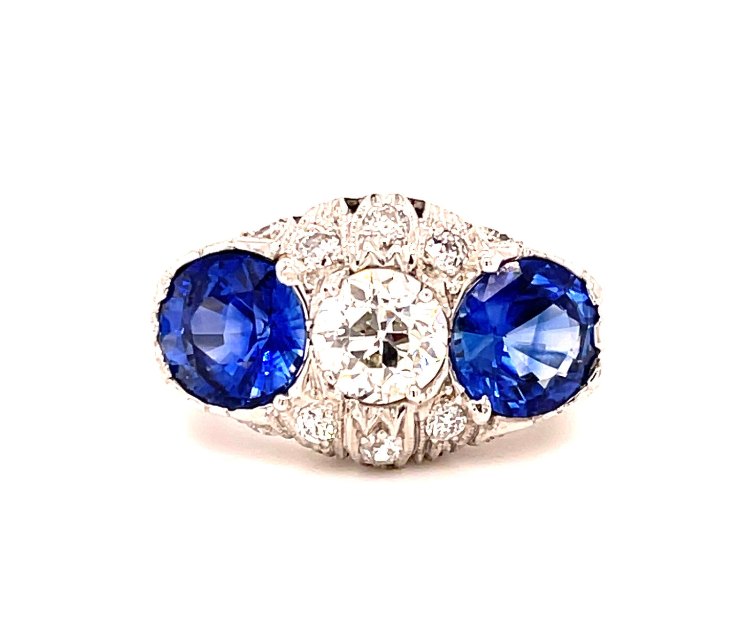 .97ct GIA J SI2 Old European Diamond 3.16ct Sapphire Platinum Art Deco Circa 1920s Antique Three Stone Ring