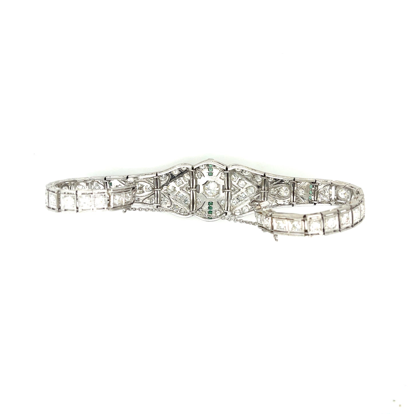 .45ct Old European Diamond 5.50ct Side Diamond Emeralds Platinum Art Deco 1920s Bracelet