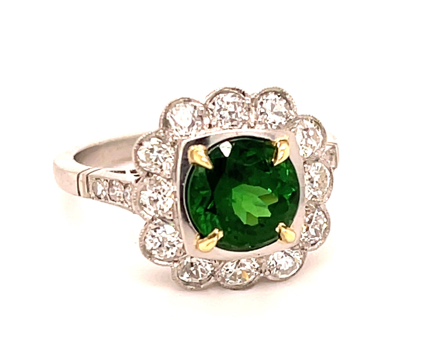 1.98ct Tsavorite Garnet 1ct Old European Cut Diamond Modern Handmade Platinum Ring