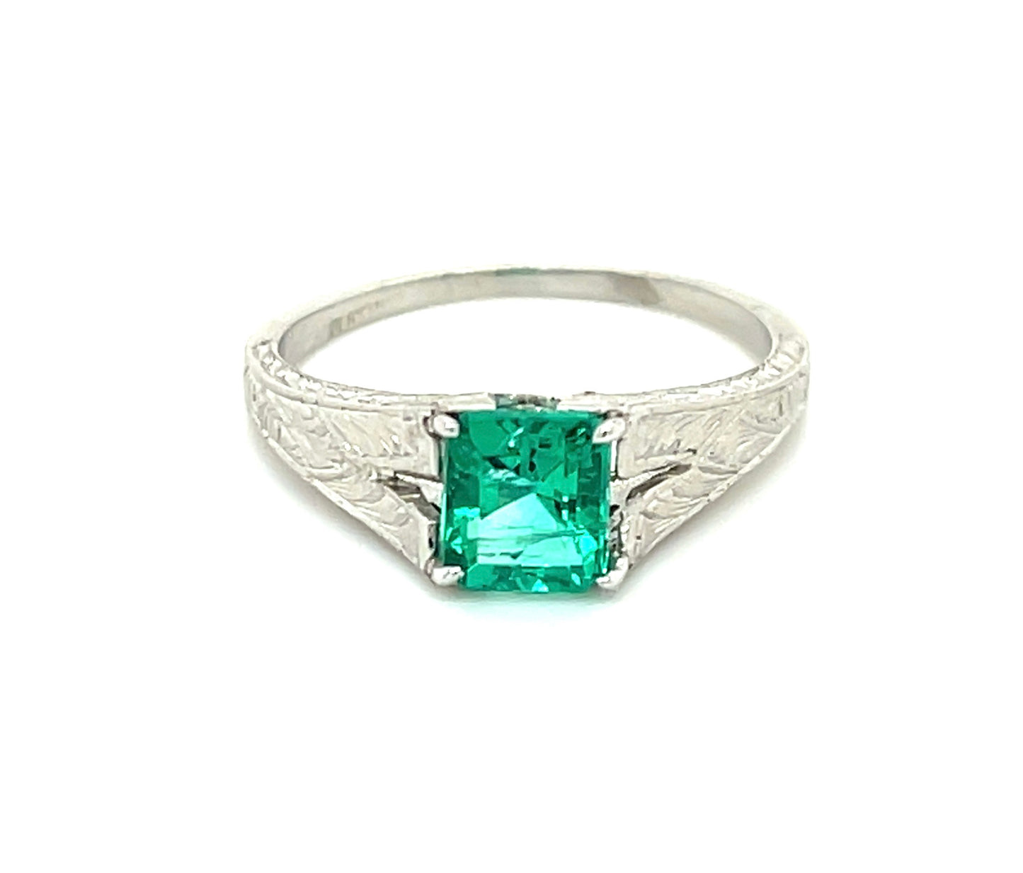 Art Deco .88ct Gemmy Colombian Emerald Platinum Antique Ring (Circa 1920s)