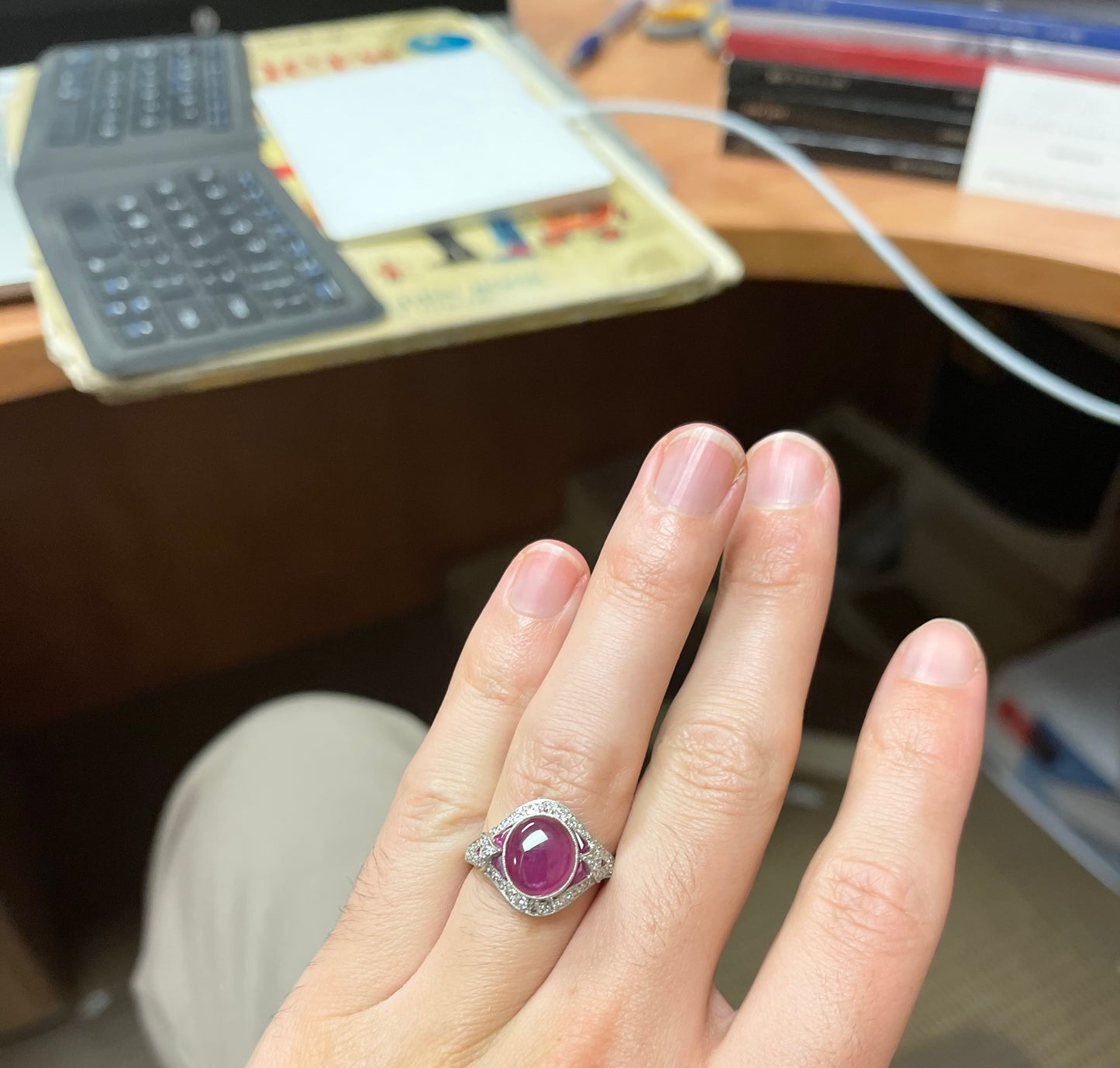 6.50ct Cabochon Ruby .88ct Old European Cut Diamonds .50ct Side Cabochon Rubies Platinum Art Deco Inspired Ring