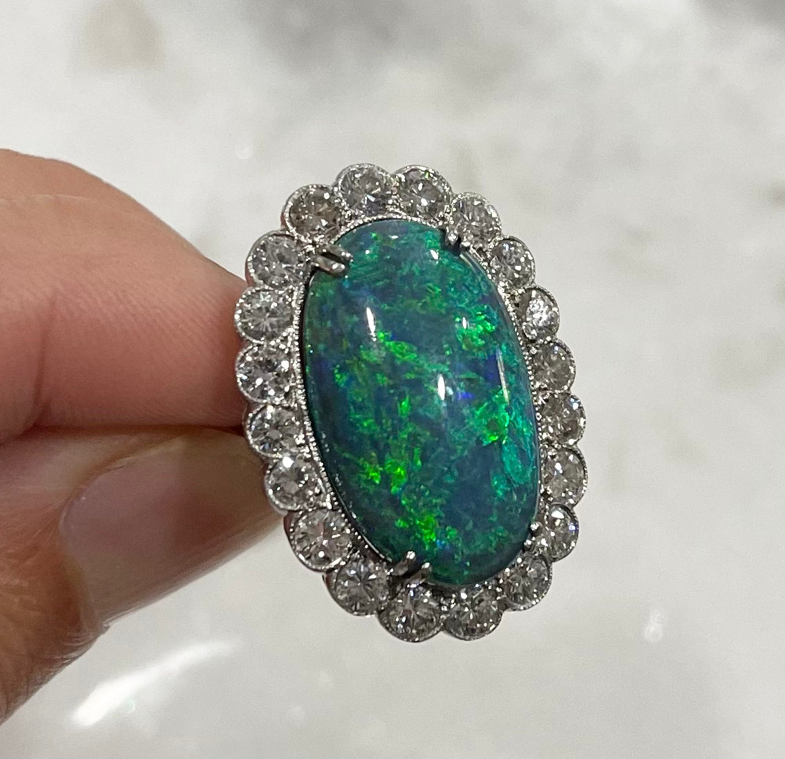 12.77ct Australian Lightning Ridge Black Opal 2.53ct Diamonds Platinum Estate Ring