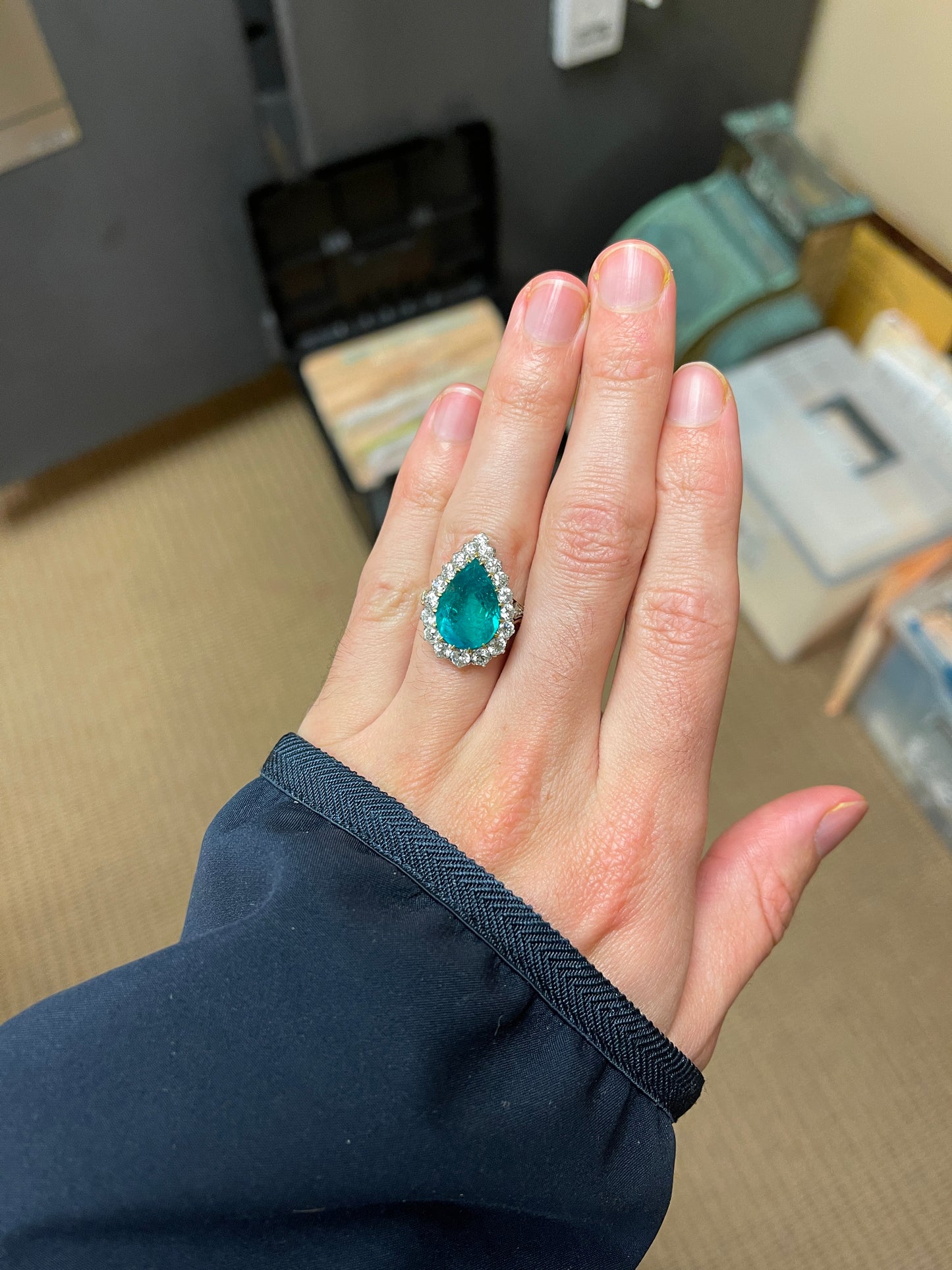5.20ct Pear Shaped Emerald 1.80ct Old European Cut Diamonds Platinum over 18KY Ring