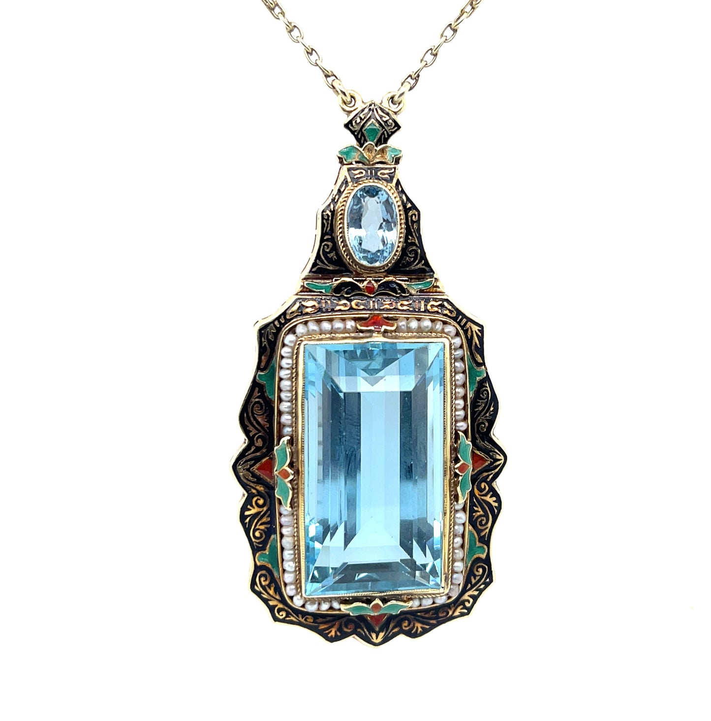 Art Deco Aquamarine 40ct and Enamel Pendant