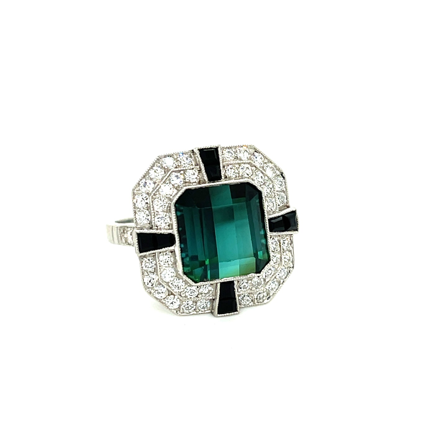 6.07ct Green/Blue Tourmaline .91ct Old European Cut Diamond & Onyx Platinum Ring