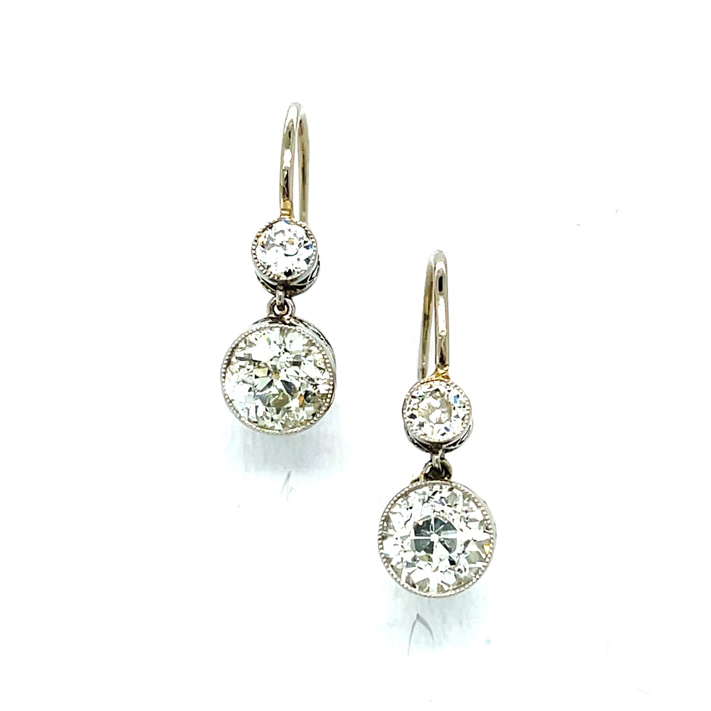 2.22ct Old European Cut Diamonds (Two Centers) .30ct (Two SD) Platinum over 18KY Gold Drop Earrings