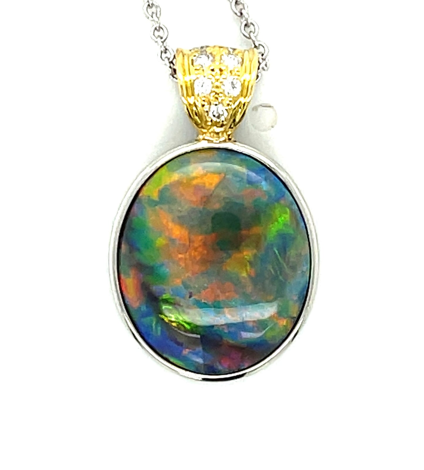 5.66ct Australian Semi Black Opal .15ct Diamond Platinum/18KY Vintage Pendant (Circa 1970s)