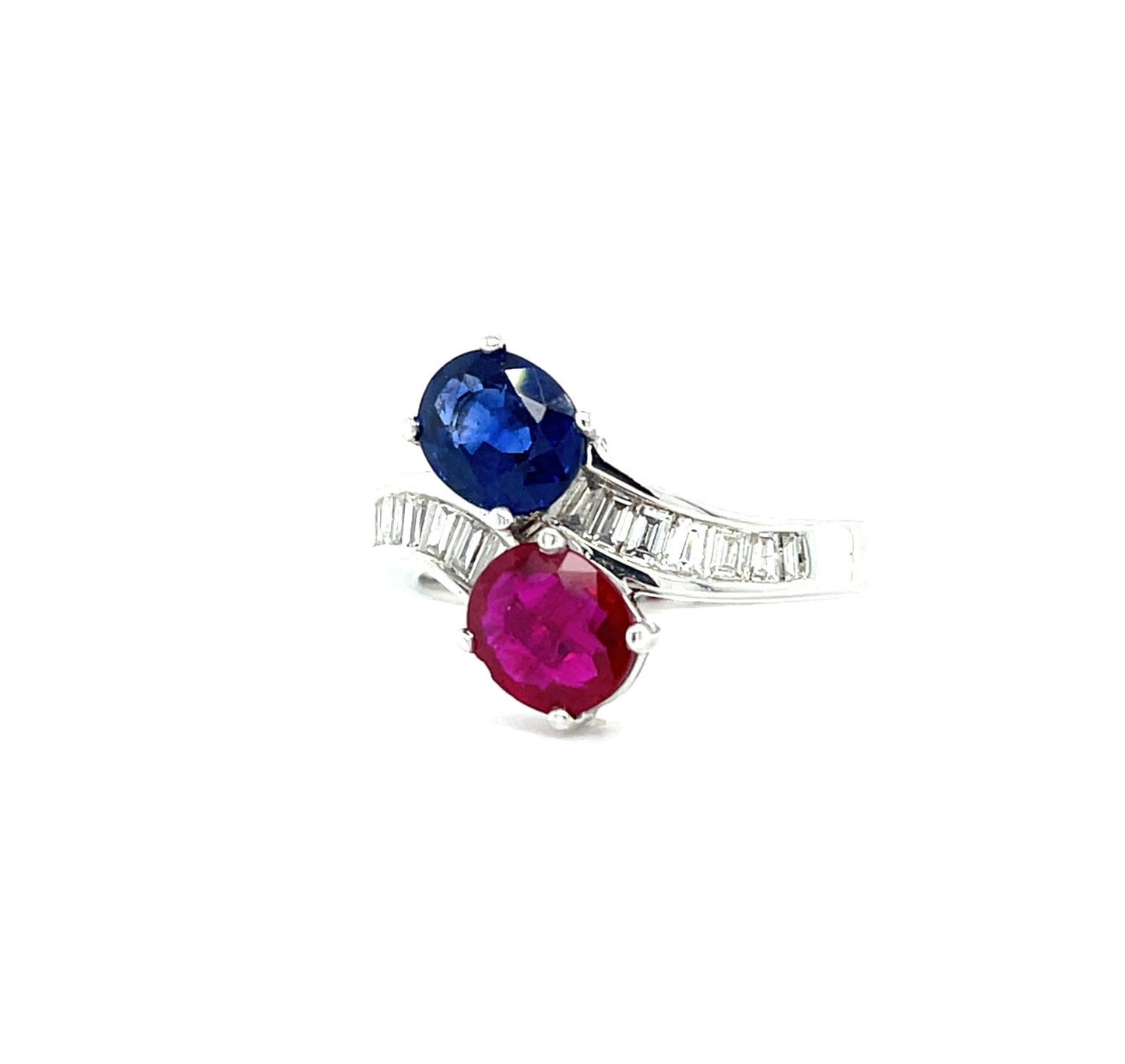 1.75ct Burma Ruby 1.50ct Sri Lanka Sapphire .40ct Diamond 18KW Toi et Moi Ring