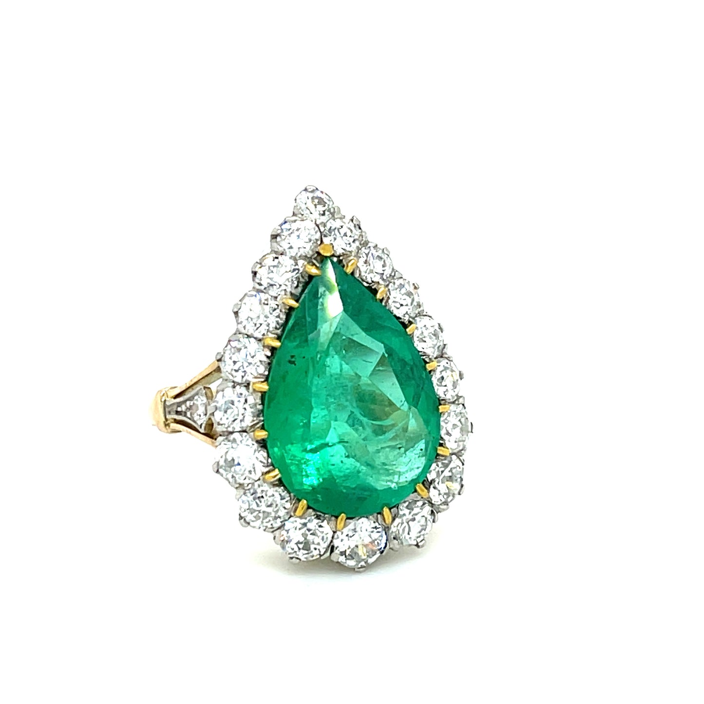 5.20ct Pear Shaped Emerald 1.80ct Old European Cut Diamonds Platinum over 18KY Ring