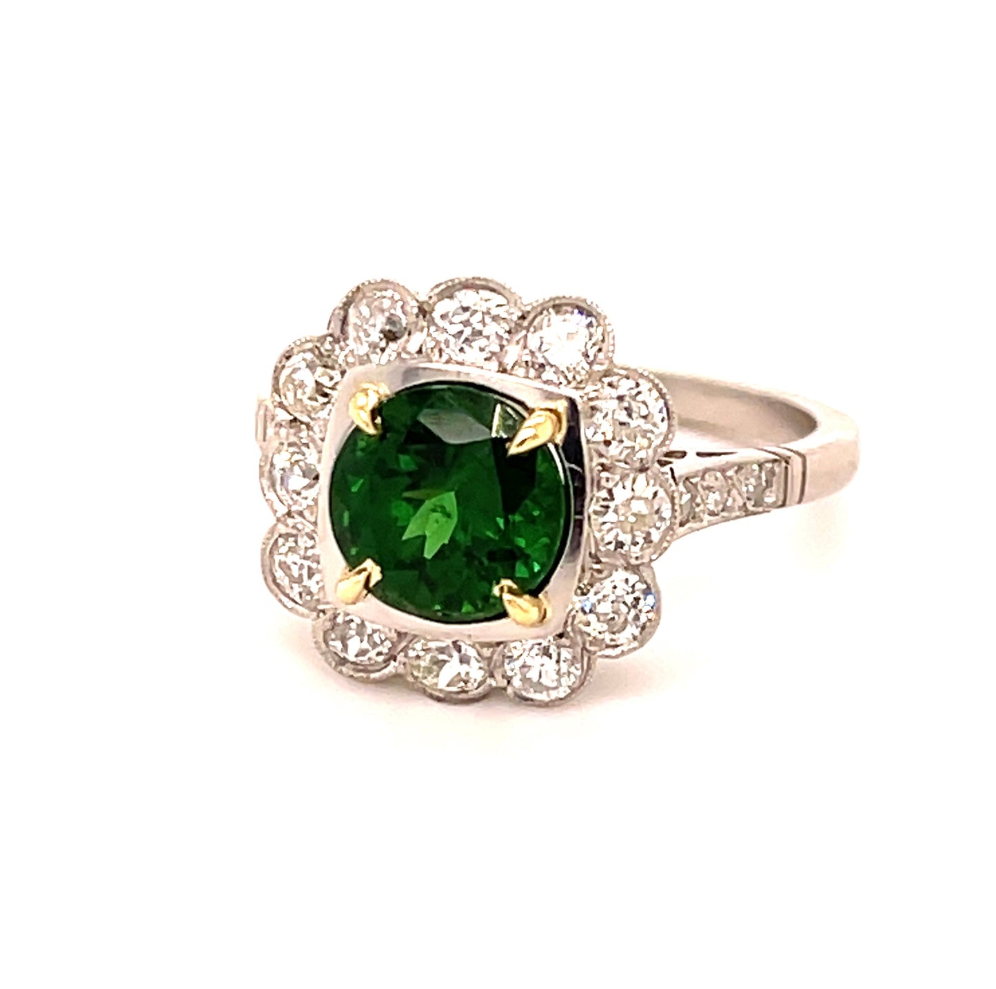 1.98ct Tsavorite Garnet 1ct Old European Cut Diamond Modern Handmade Platinum Ring