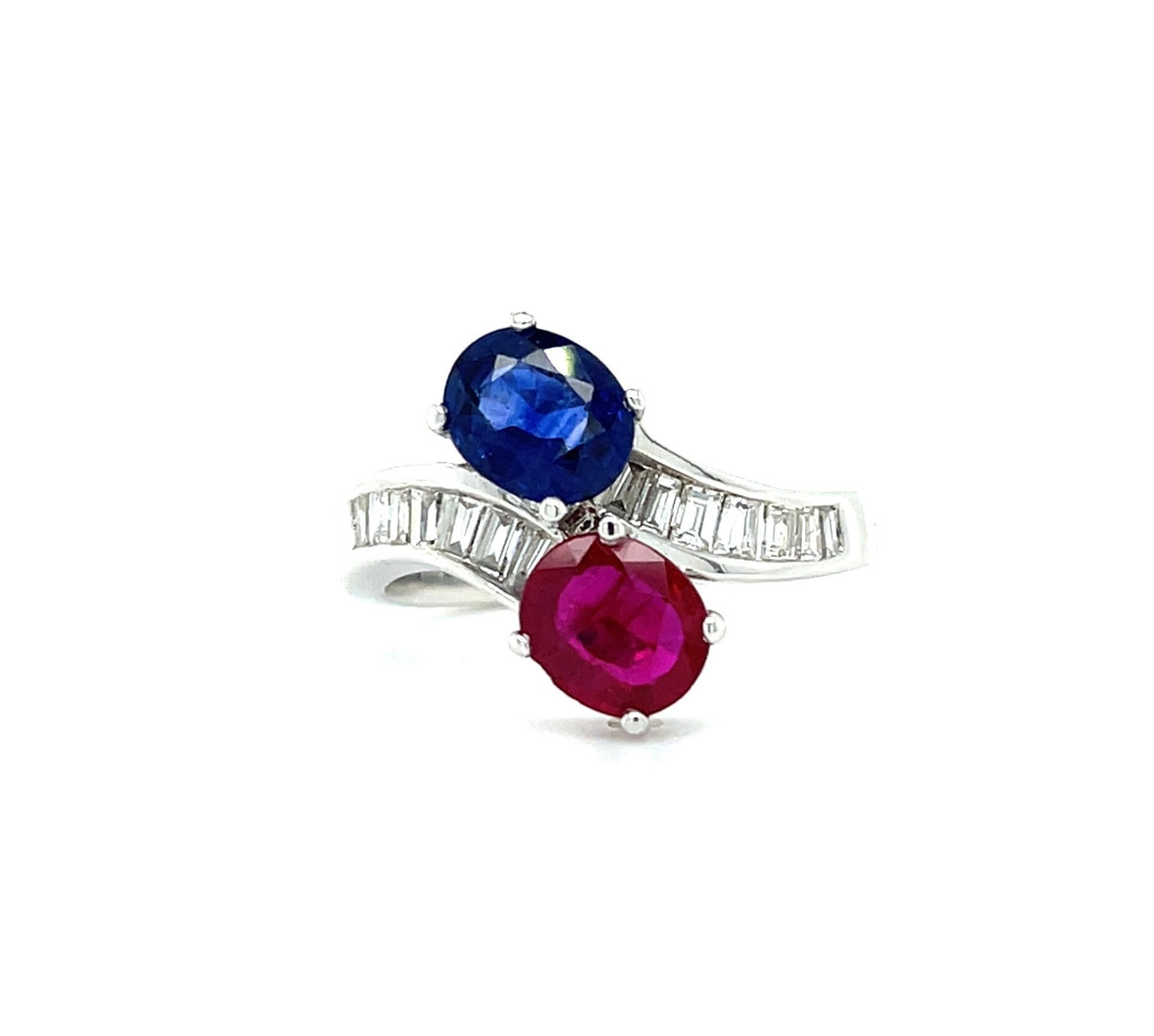 1.75ct Burma Ruby 1.50ct Sri Lanka Sapphire .40ct Diamond 18KW Toi et Moi Ring